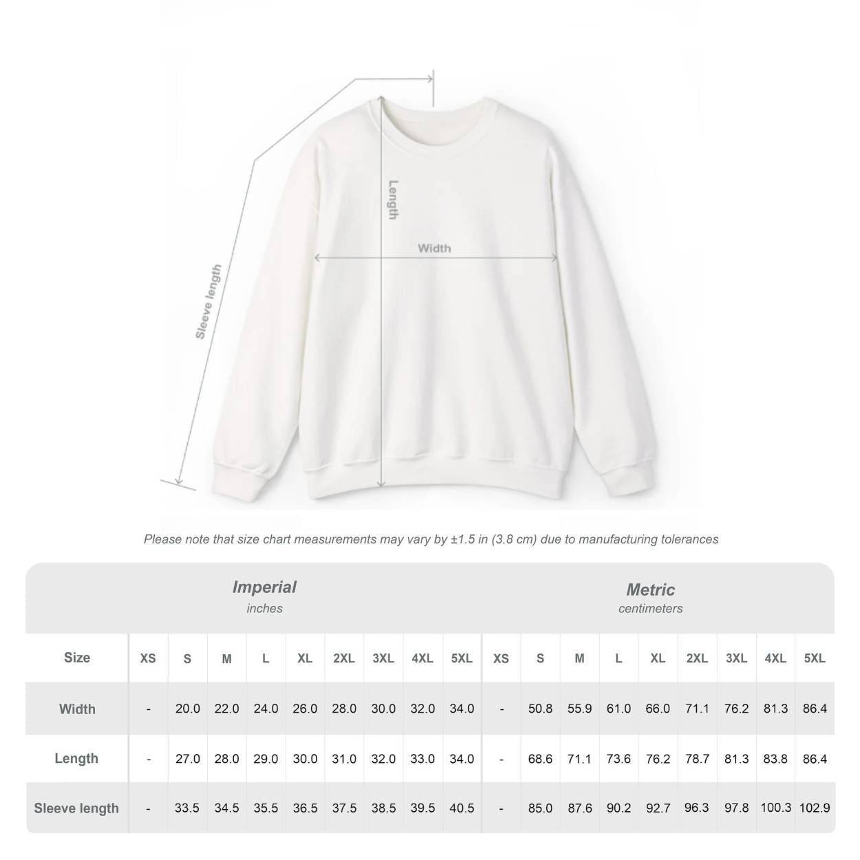 This image shows the sizeguide of our crewneck sweatshirt in imperial and metric system. The most important thing is that it fits true to size.