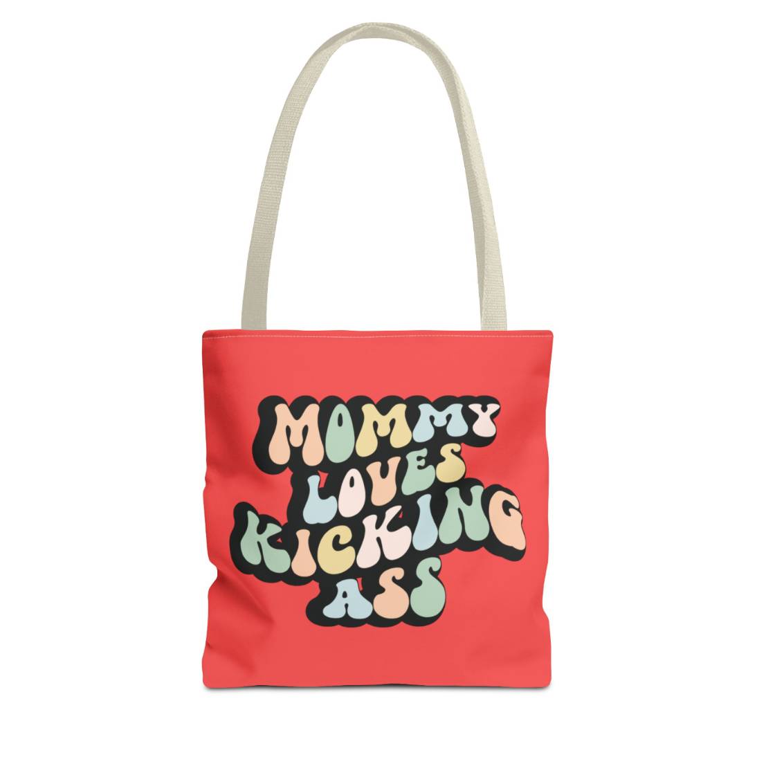 Perfect gift for mom. A Red tote bag, available in three sizes. In a typically 70s retro-style font, it says Mommy Loves Wholesale. The handle is beige.