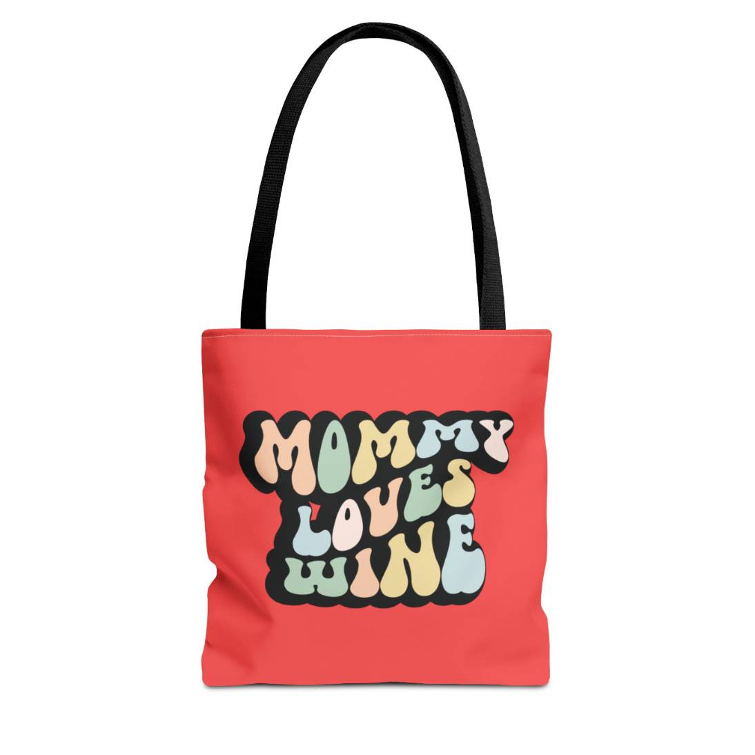Perfect gift for mom. A red tote bag, available in three sizes. In a typically 70s retro-style font, it says Mommy Loves Wine. The handle is black.