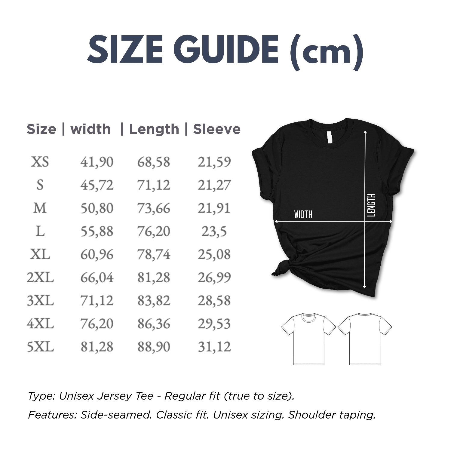 Size guide for the displayed top. The top is available in 9 sizes, from extra small to five XL, and it fits true to size.