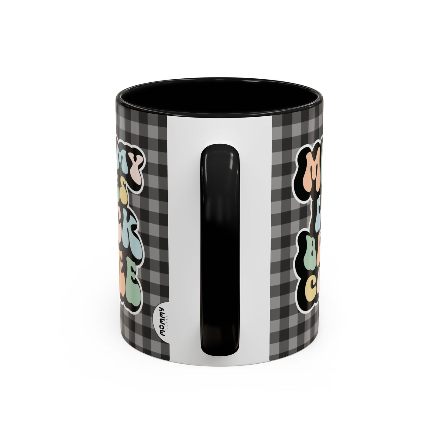 Perfect gift for mom. A decorative, 11oz ceramic mug. It’s wrapped in a black-white checkered background. In a happy and colorful 70s retro-style font it says Mommy Loves Black Coffee on both sides.