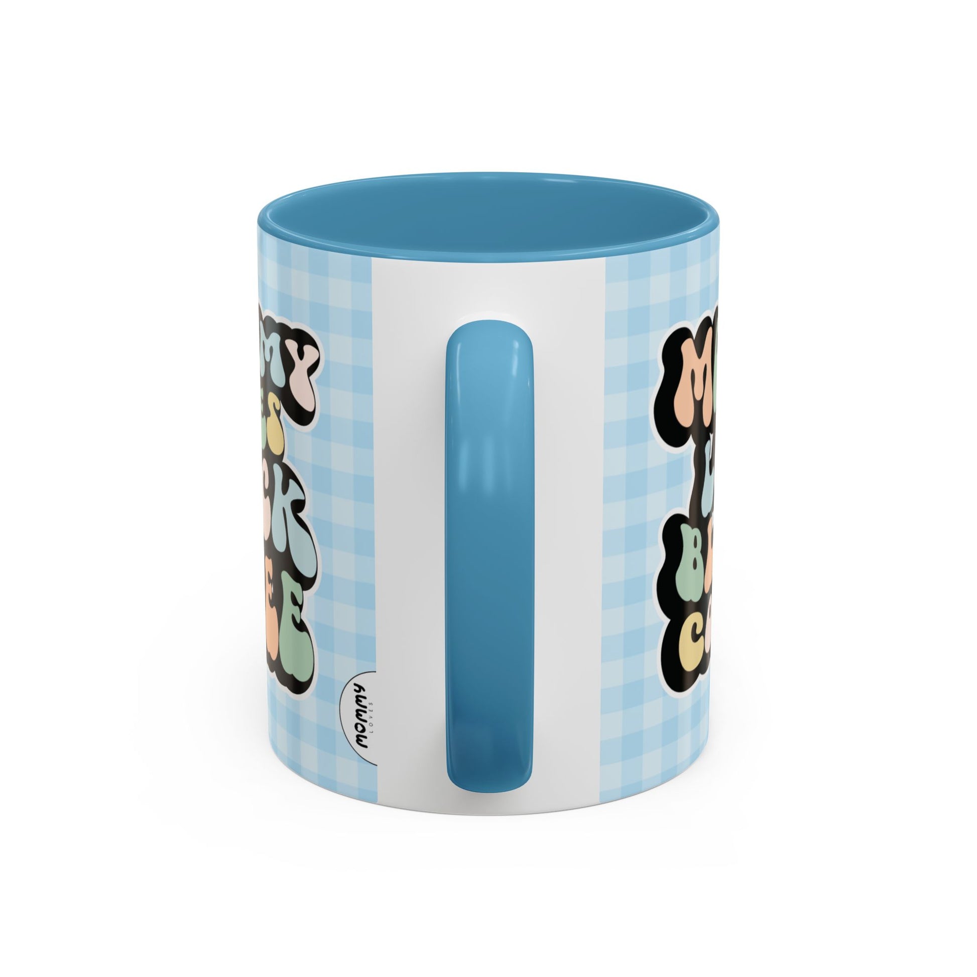 Perfect gift for mom. A decorative, 11oz ceramic mug. It’s wrapped in a light blue-white checkered background. In a happy and colorful 70s retro-style font it says Mommy Loves Black Coffee on both sides.