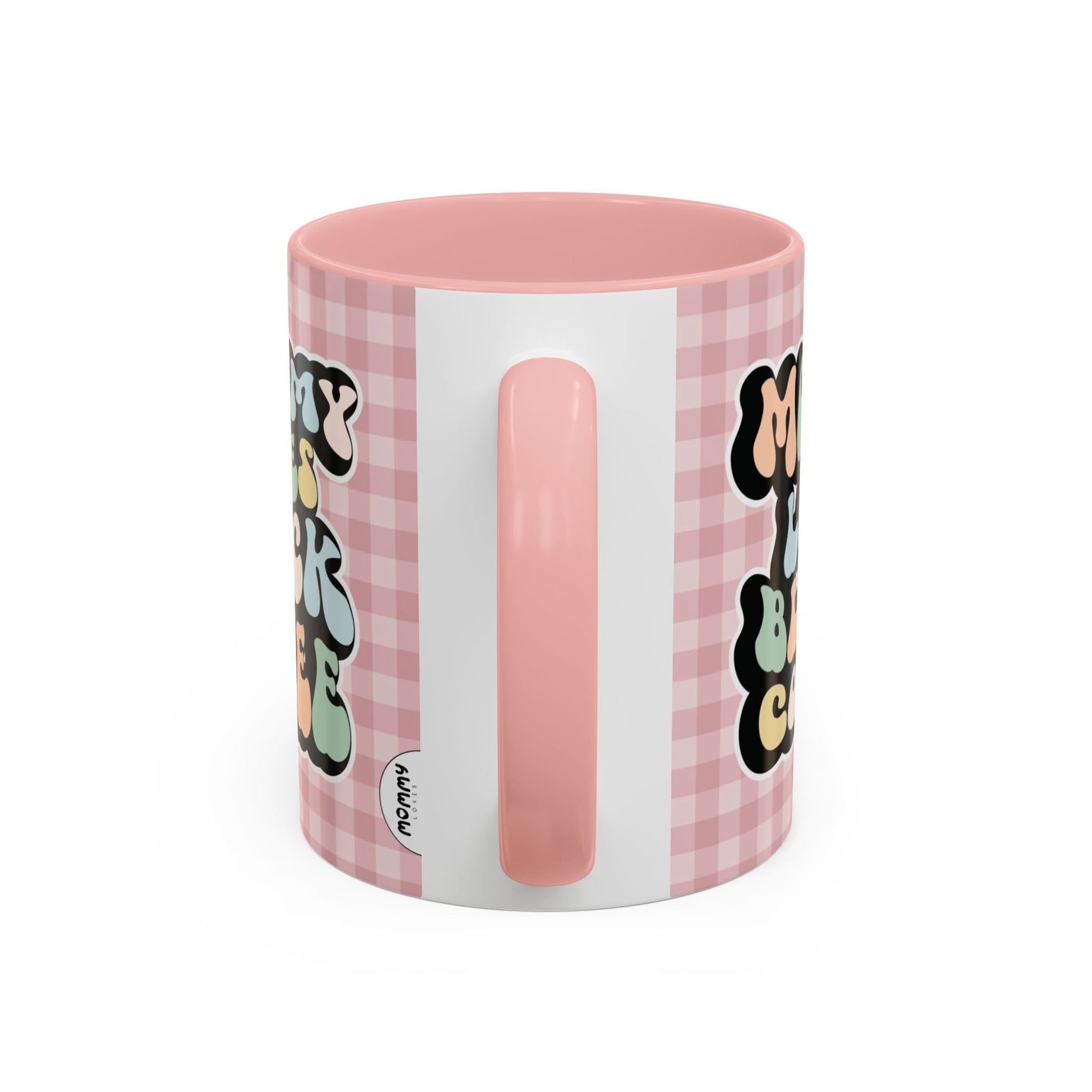 Perfect gift for mom. A decorative, 11oz ceramic mug. It’s wrapped in a soft pink-white checkered background. In a happy and colorful 70s retro-style font it says Mommy Loves Black Coffee on both sides.