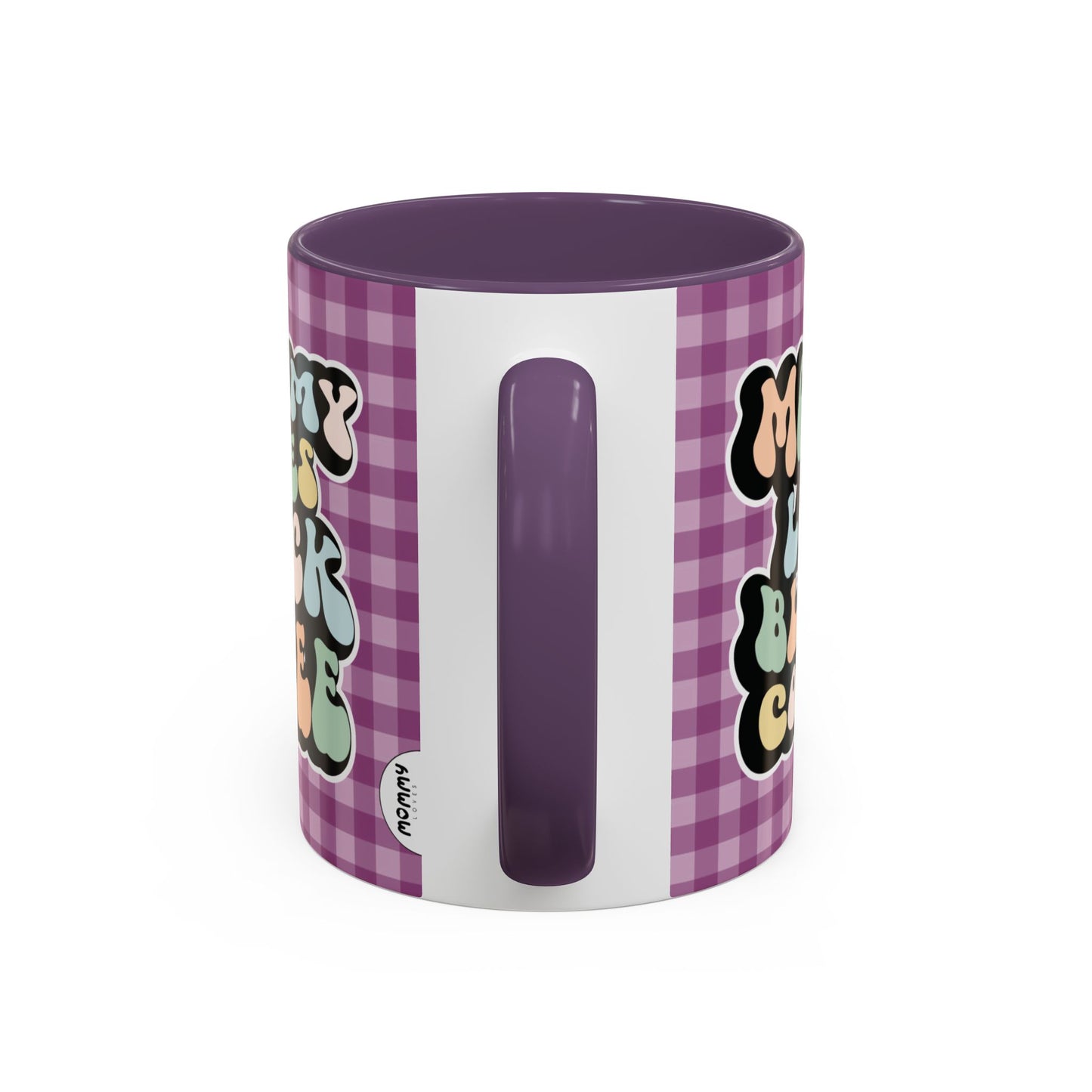 Perfect gift for mom. A decorative, 11oz ceramic mug. It’s wrapped in a purple-white checkered background. In a happy and colorful 70s retro-style font it says Mommy Loves Black Coffee on both sides.