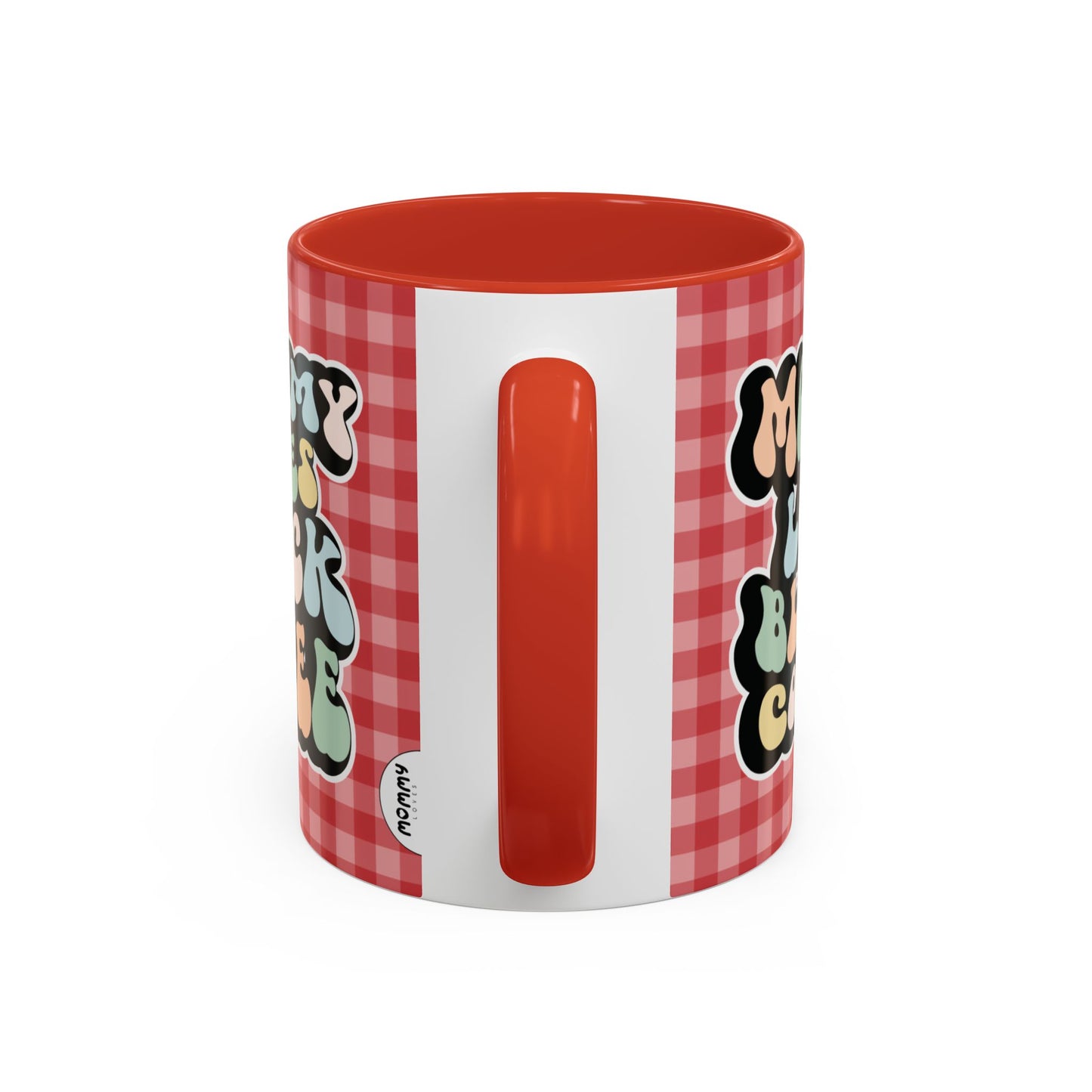 Perfect gift for mom. A decorative, 11oz ceramic mug. It’s wrapped in a red-white checkered background. In a happy and colorful 70s retro-style font it says Mommy Loves Black Coffee on both sides.