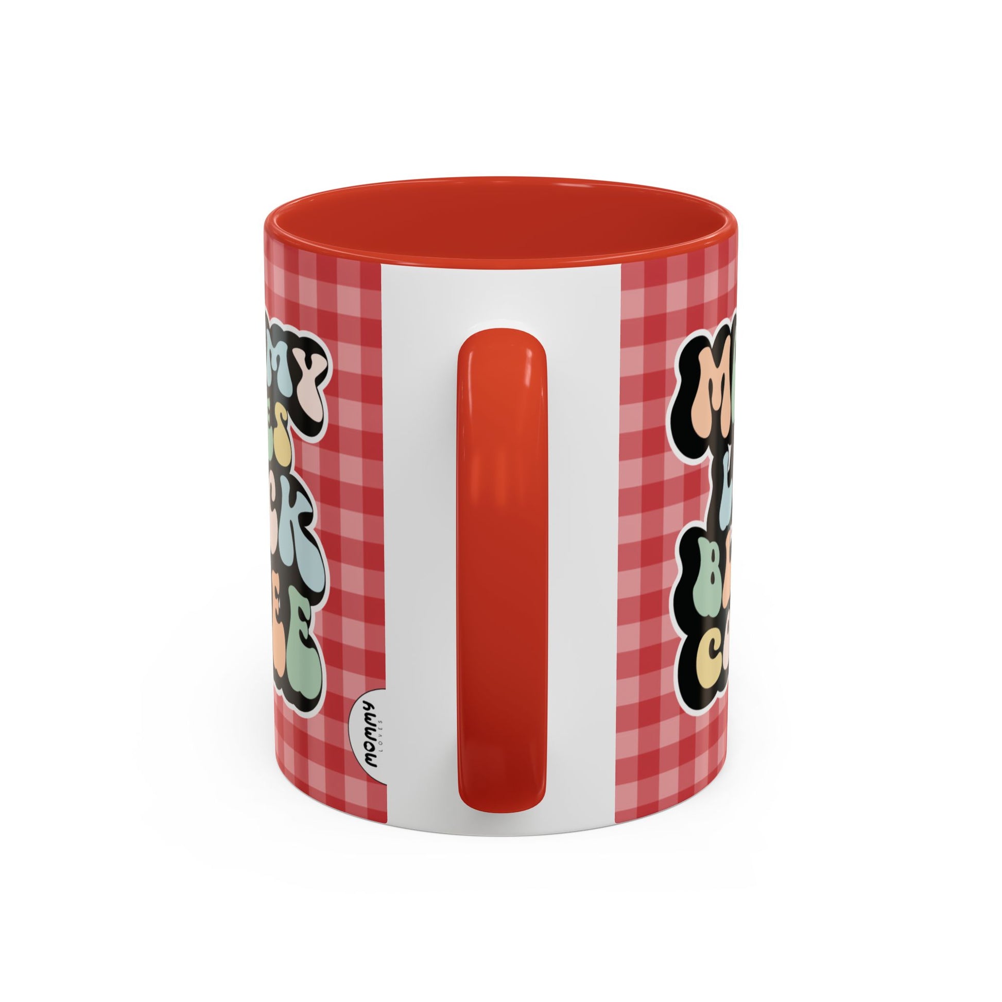 Perfect gift for mom. A decorative, 11oz ceramic mug. It’s wrapped in a red-white checkered background. In a happy and colorful 70s retro-style font it says Mommy Loves Black Coffee on both sides.