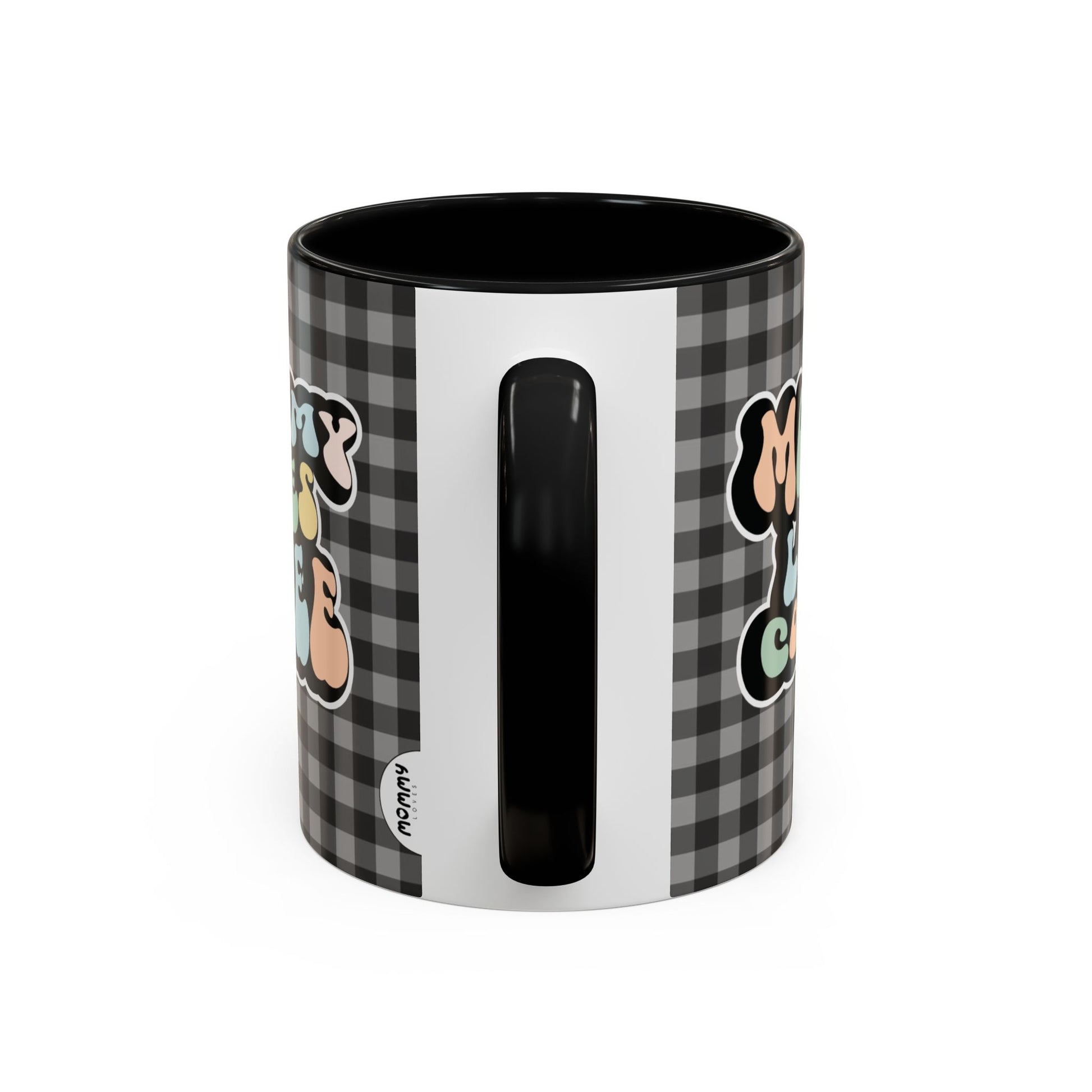 Perfect gift for mom. A decorative, 11oz ceramic mug. It’s wrapped in a black-white checkered background. In a happy and colorful 70s retro-style font it says Mommy Loves Coffee, on both sides.
