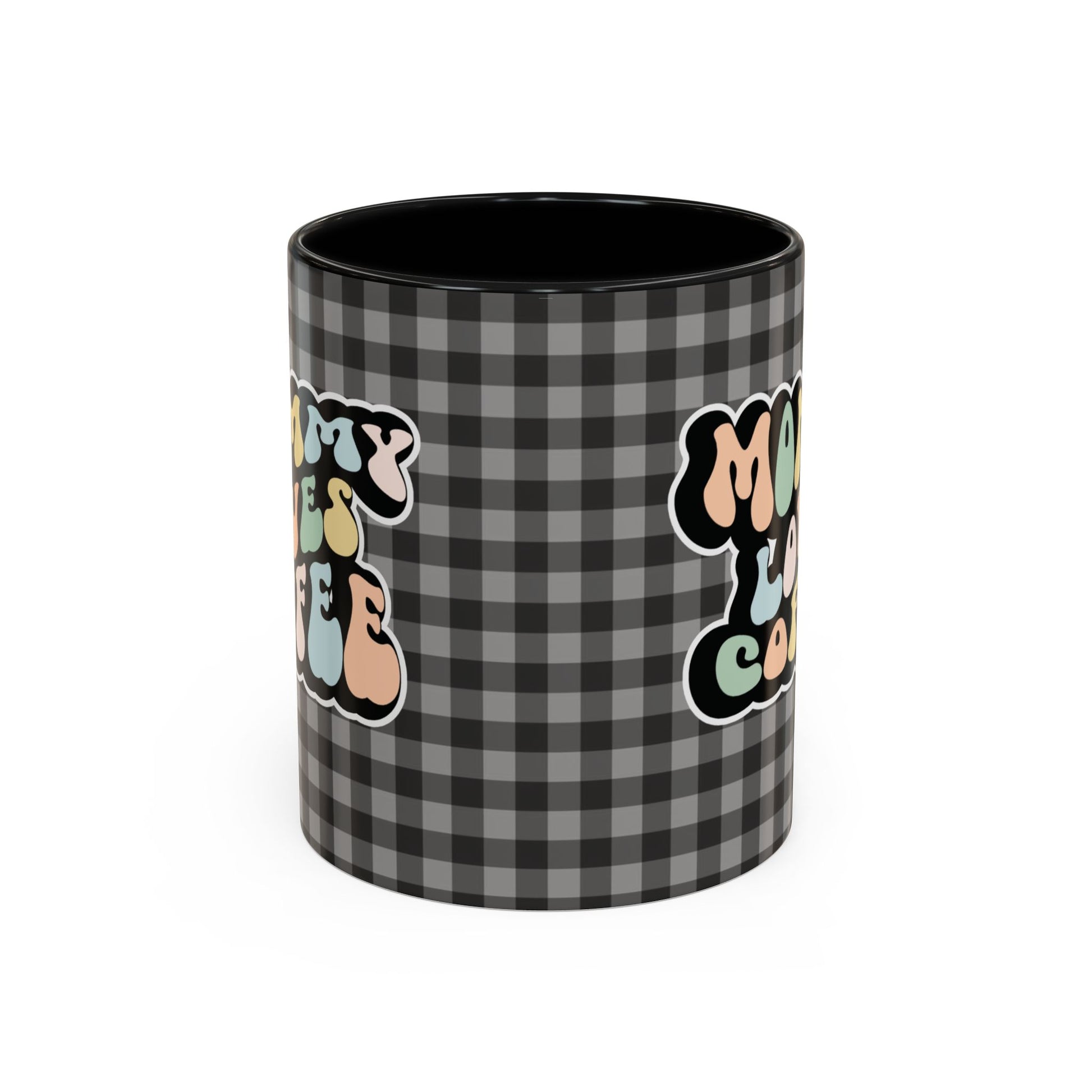 Perfect gift for mom. A decorative, 11oz ceramic mug. It’s wrapped in a black-white checkered background. In a happy and colorful 70s retro-style font it says Mommy Loves Coffee, on both sides.