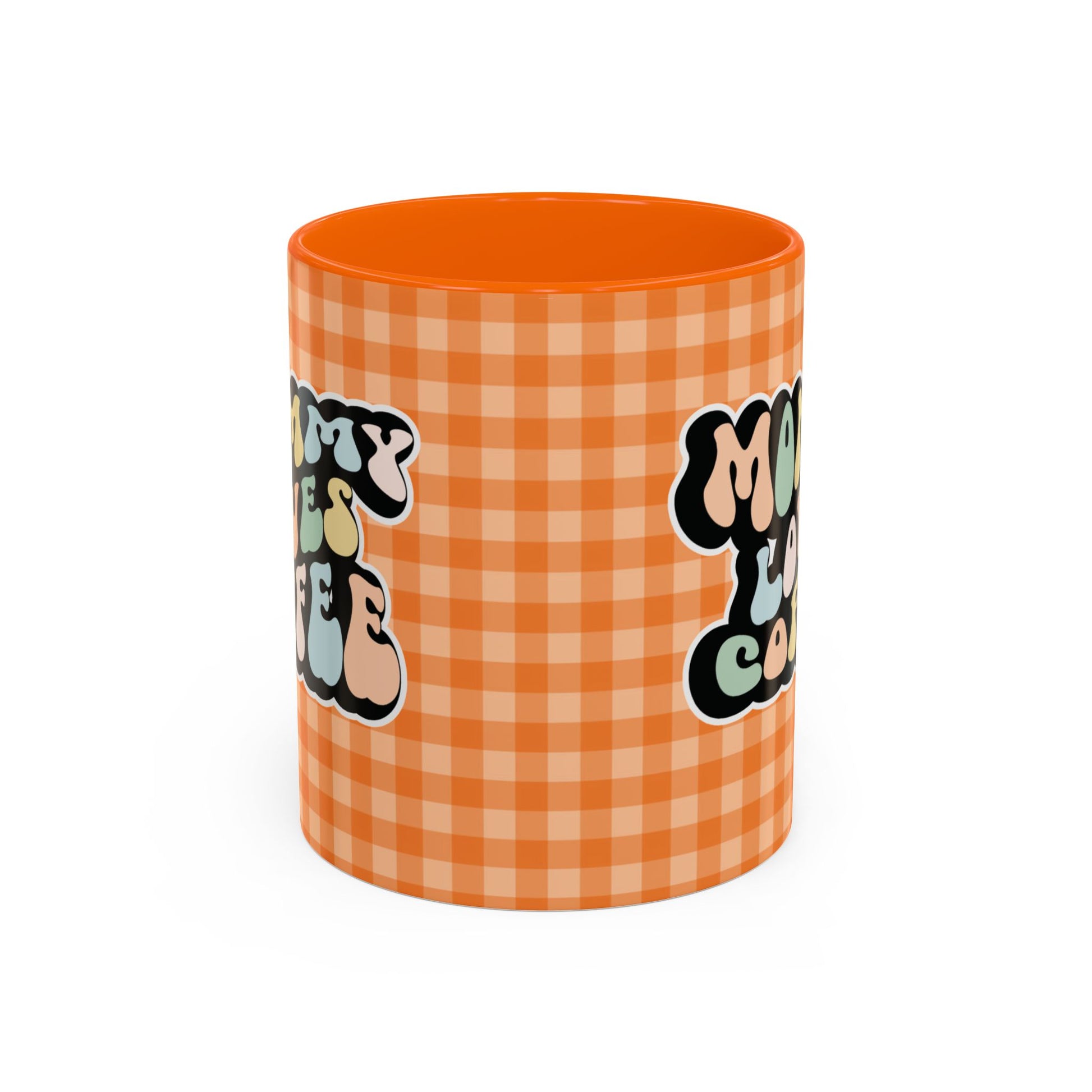 Perfect gift for mom. A decorative, 11oz ceramic mug. It’s wrapped in a orange-white checkered background. In a happy and colorful 70s retro-style font it says Mommy Loves Coffee, on both sides.