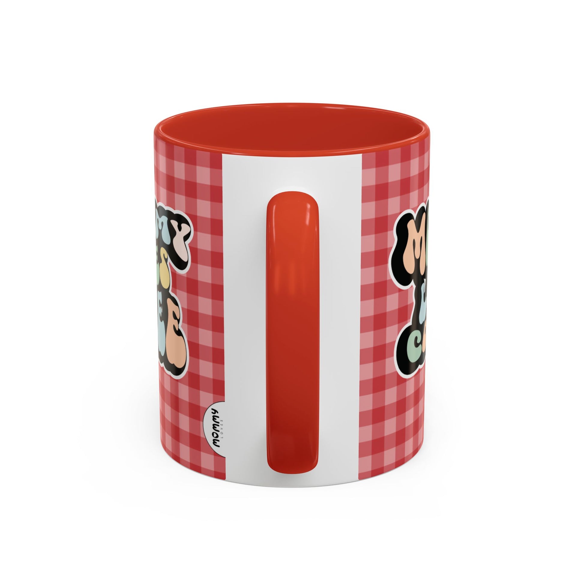 Perfect gift for mom. A decorative, 11oz ceramic mug. It’s wrapped in a red-white checkered background. In a happy and colorful 70s retro-style font it says Mommy Loves Coffee, on both sides.