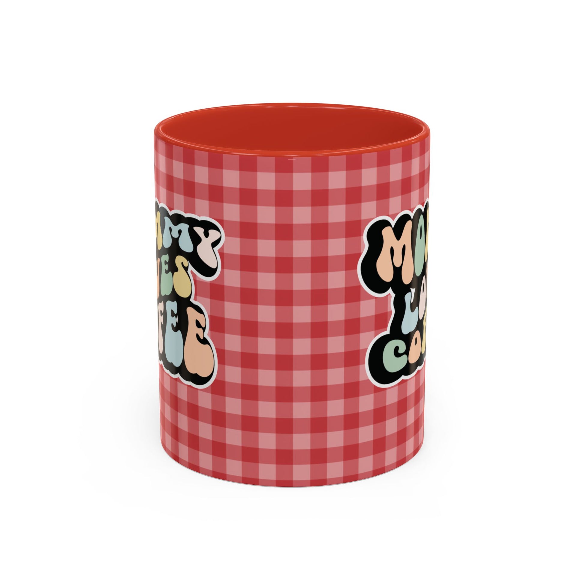 Perfect gift for mom. A decorative, 11oz ceramic mug. It’s wrapped in a red-white checkered background. In a happy and colorful 70s retro-style font it says Mommy Loves Coffee, on both sides.