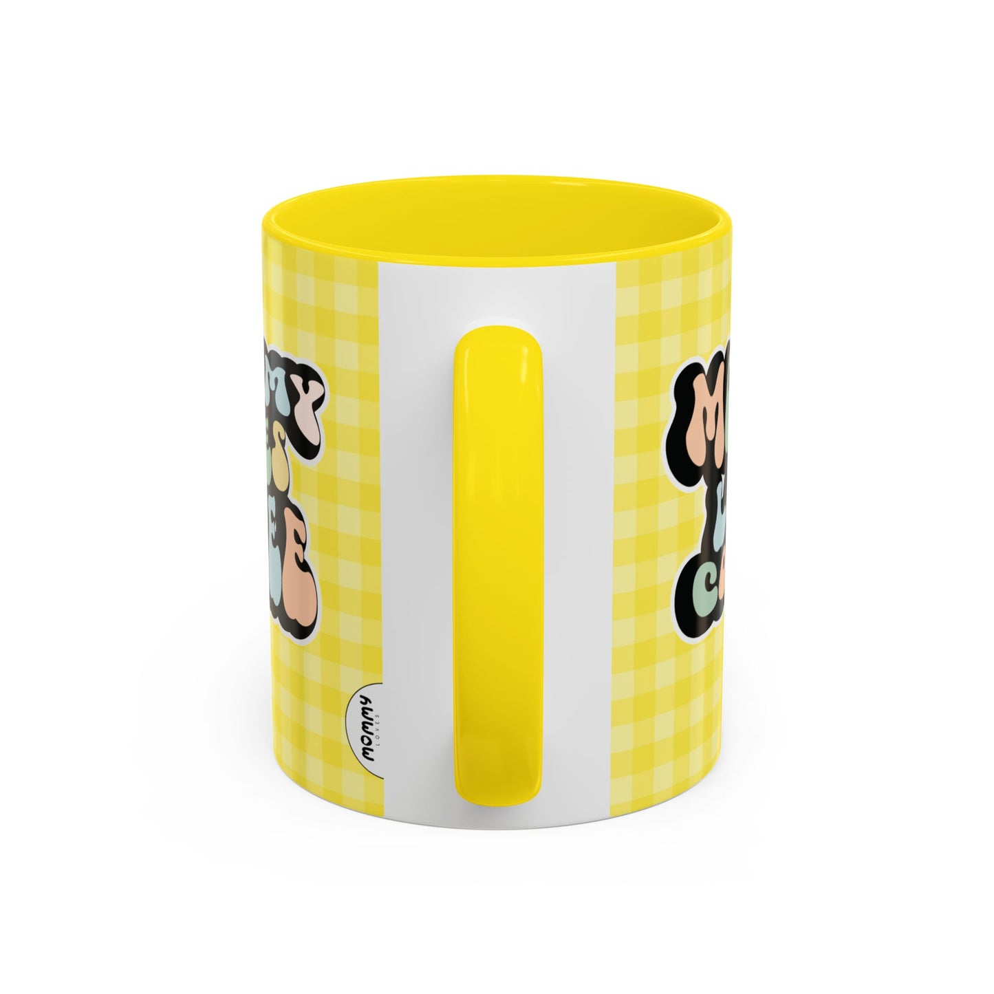 Perfect gift for mom. A decorative, 11oz ceramic mug. It’s wrapped in a yellow-white checkered background. In a happy and colorful 70s retro-style font it says Mommy Loves Coffee, on both sides.