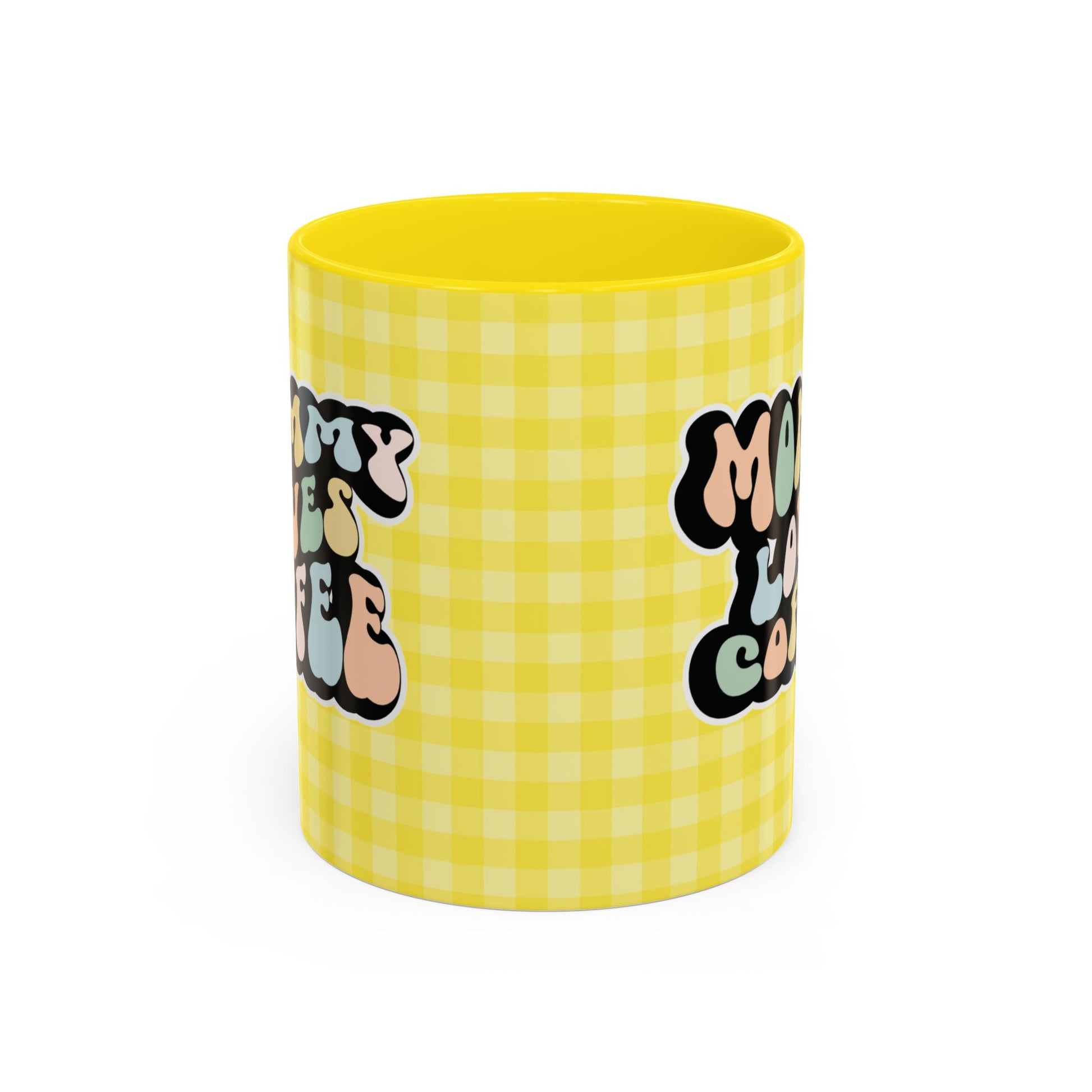 Perfect gift for mom. A decorative, 11oz ceramic mug. It’s wrapped in a yellow-white checkered background. In a happy and colorful 70s retro-style font it says Mommy Loves Coffee, on both sides.