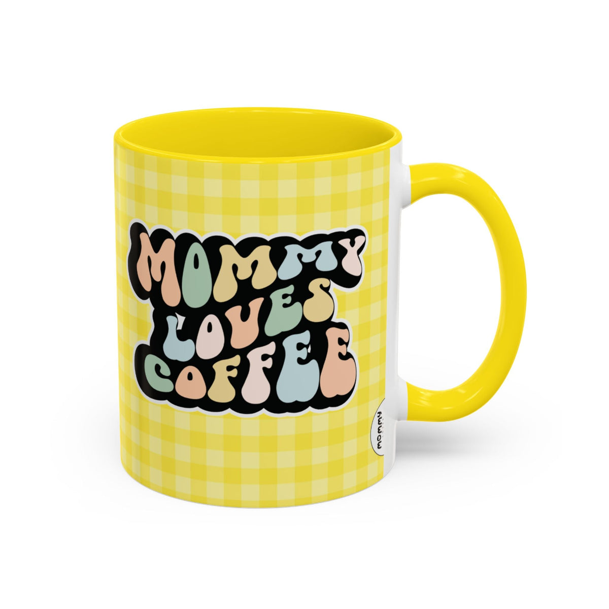 Perfect gift for mom. A decorative, 11oz ceramic mug. It’s wrapped in a yellow-white checkered background. In a happy and colorful 70s retro-style font it says Mommy Loves Coffee, on both sides.