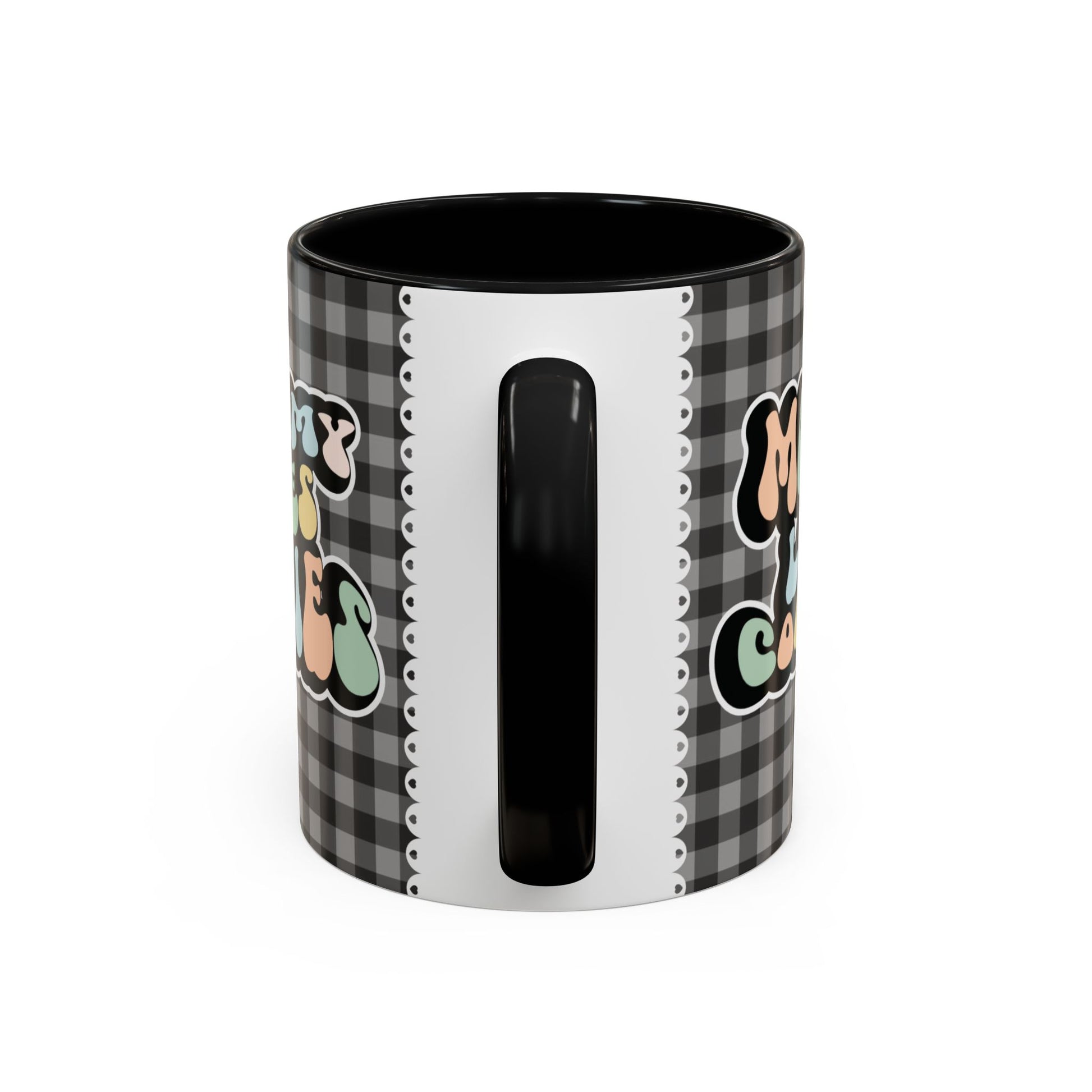 Perfect gift for mom. A decorative, 11oz ceramic mug. It’s wrapped in a black-white checkered background. In a happy and colorful 70s retro-style font it says Mommy Loves Cookies, on both sides.