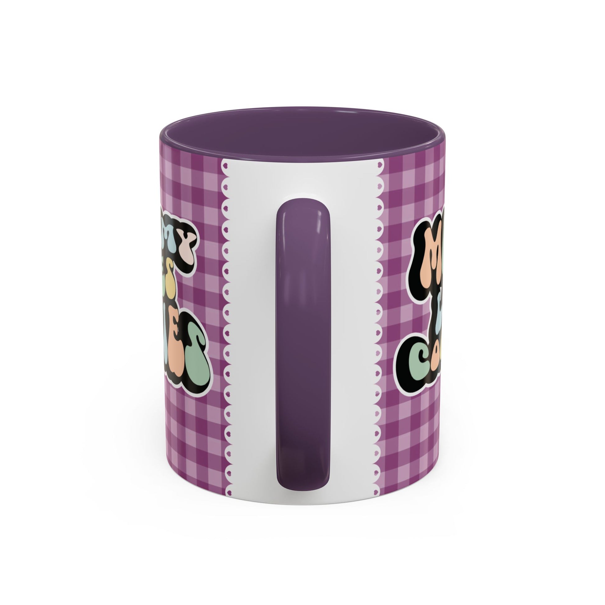 Perfect gift for mom. A decorative, 11oz ceramic mug. It’s wrapped in a purple-white checkered background. In a happy and colorful 70s retro-style font it says Mommy Loves Cookies, on both sides.
