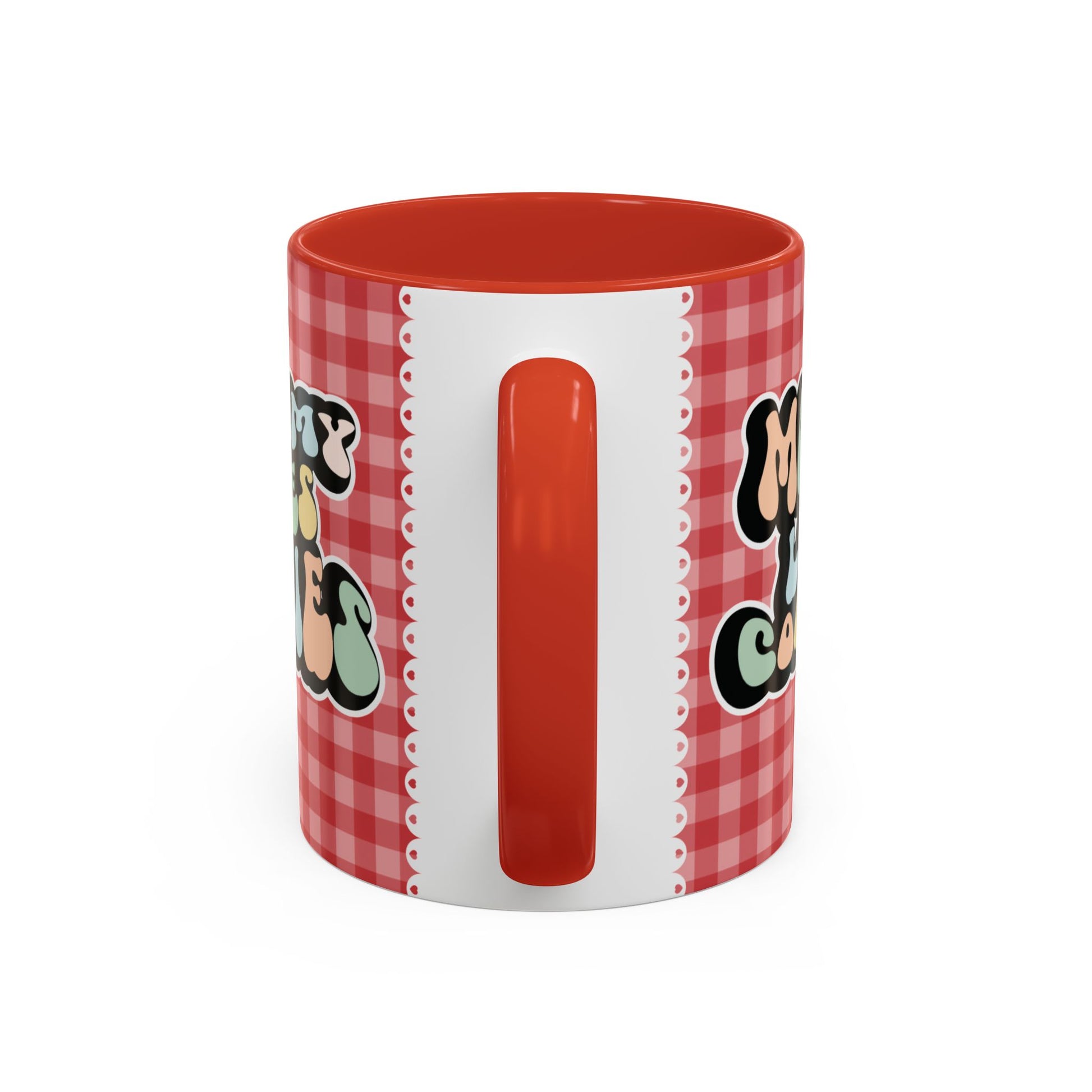 Perfect gift for mom. A decorative, 11oz ceramic mug. It’s wrapped in a red-white checkered background. In a happy and colorful 70s retro-style font it says Mommy Loves Cookies, on both sides.