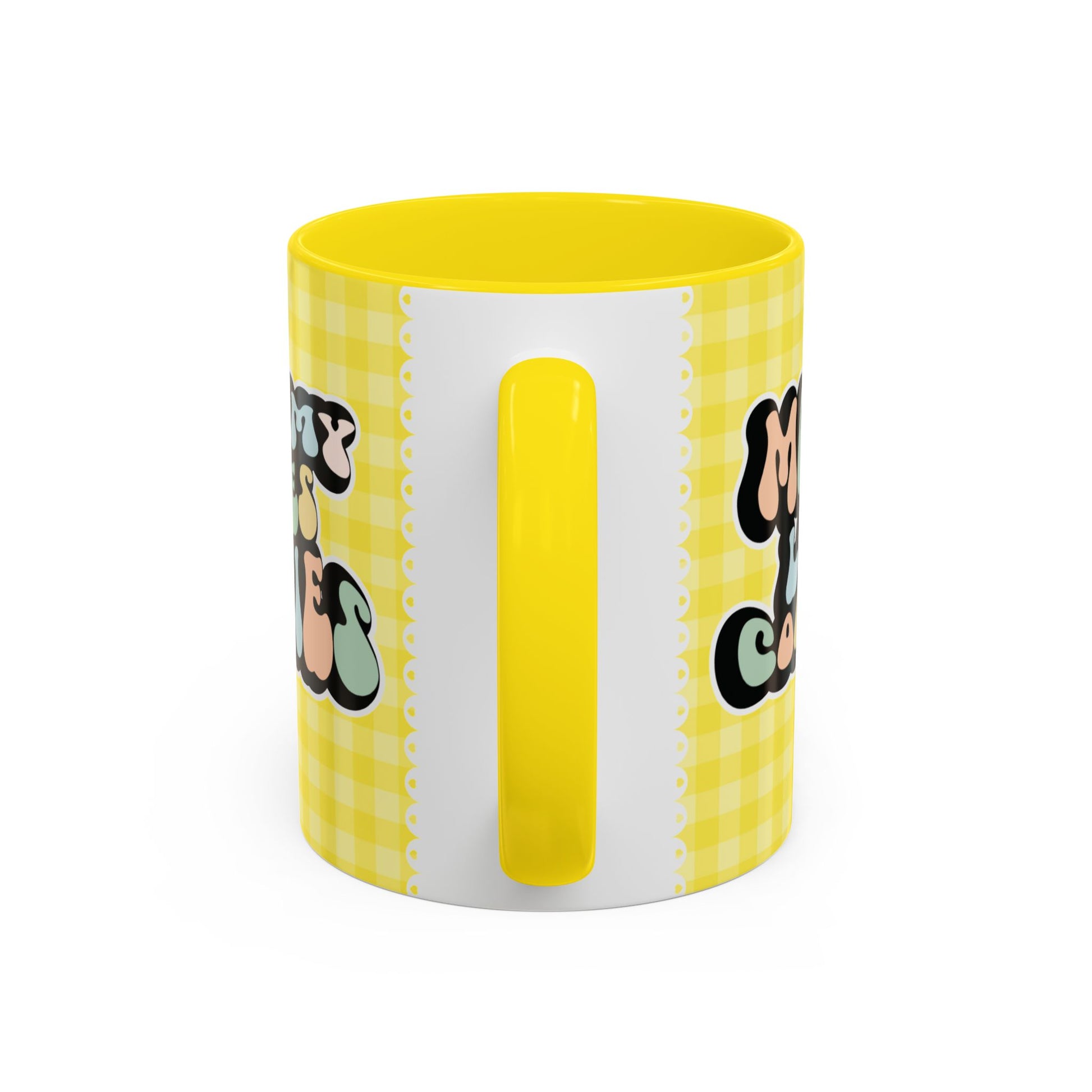 Perfect gift for mom. A decorative, 11oz ceramic mug. It’s wrapped in a yellow-white checkered background. In a happy and colorful 70s retro-style font it says Mommy Loves Cookies, on both sides.