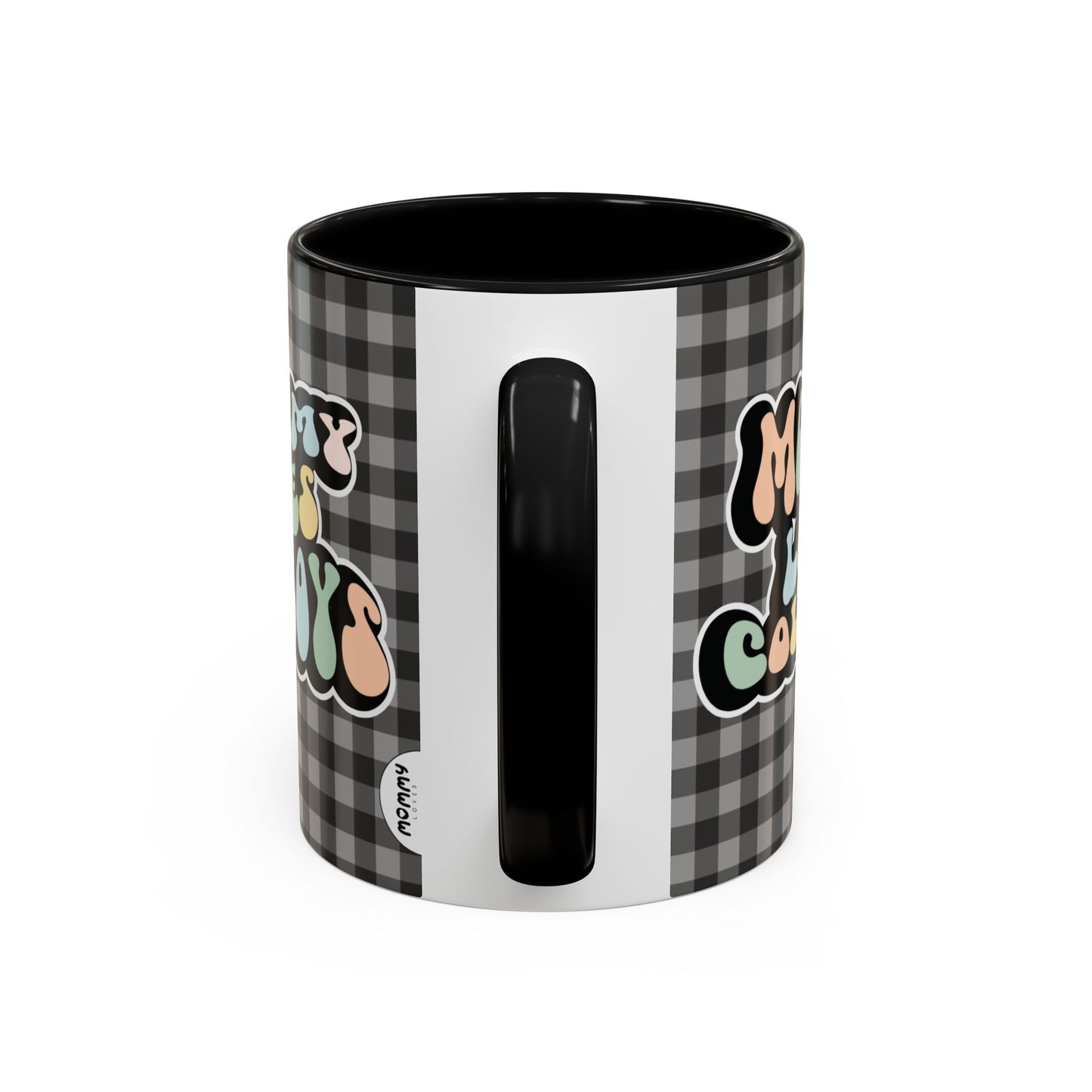 Perfect gift for mom. A decorative, 11oz ceramic mug. It’s wrapped in a black-white checkered background. In a happy and colorful 70s retro-style font it says Mommy Loves Cowboys, on both sides.