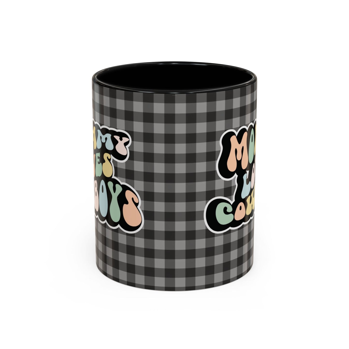 Perfect gift for mom. A decorative, 11oz ceramic mug. It’s wrapped in a black-white checkered background. In a happy and colorful 70s retro-style font it says Mommy Loves Cowboys, on both sides.