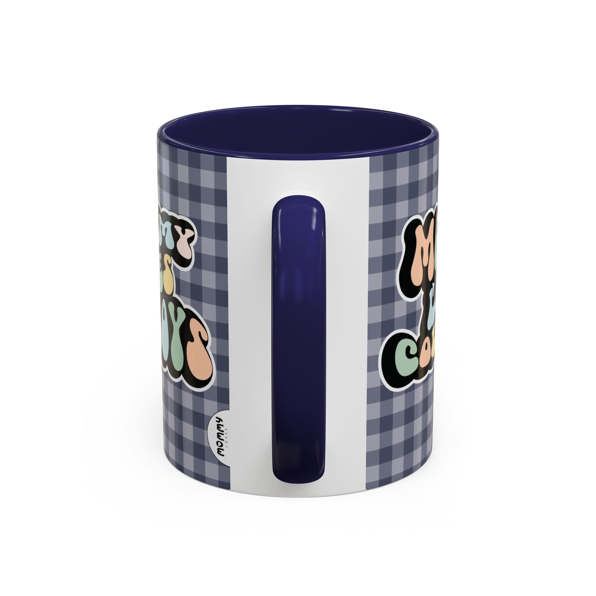 Perfect gift for mom. A decorative, 11oz ceramic mug. It’s wrapped in a navy blue-white checkered background. In a happy and colorful 70s retro-style font it says Mommy Loves Cowboys, on both sides.
