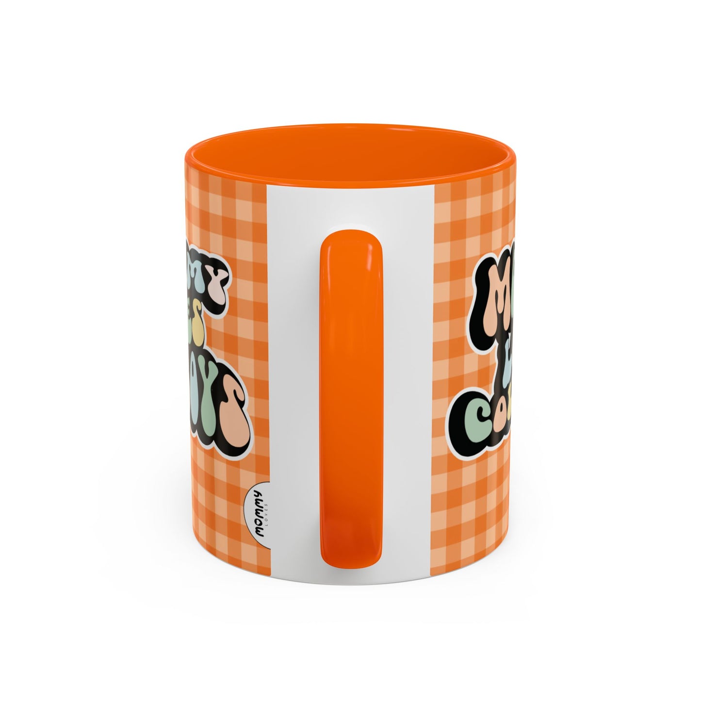 Perfect gift for mom. A decorative, 11oz ceramic mug. It’s wrapped in a orange-white checkered background. In a happy and colorful 70s retro-style font it says Mommy Loves Cowboys, on both sides.