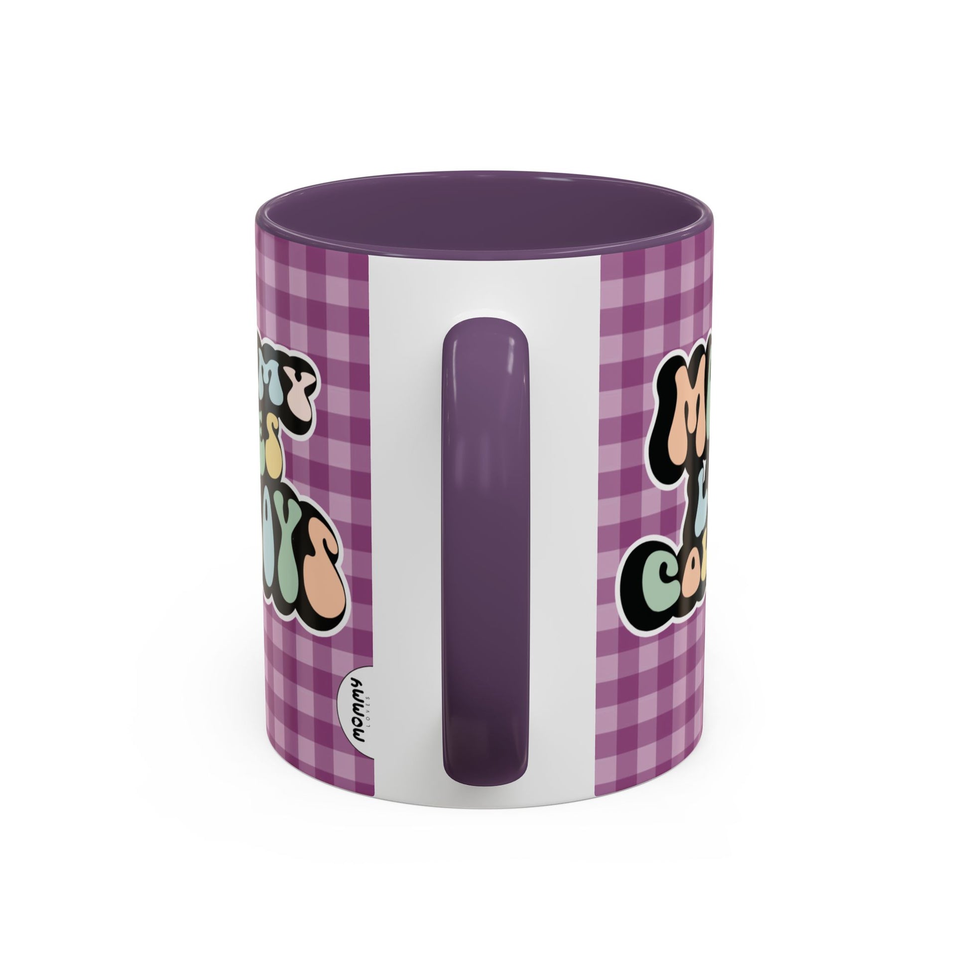 Perfect gift for mom. A decorative, 11oz ceramic mug. It’s wrapped in a purple-white checkered background. In a happy and colorful 70s retro-style font it says Mommy Loves Cowboys, on both sides.