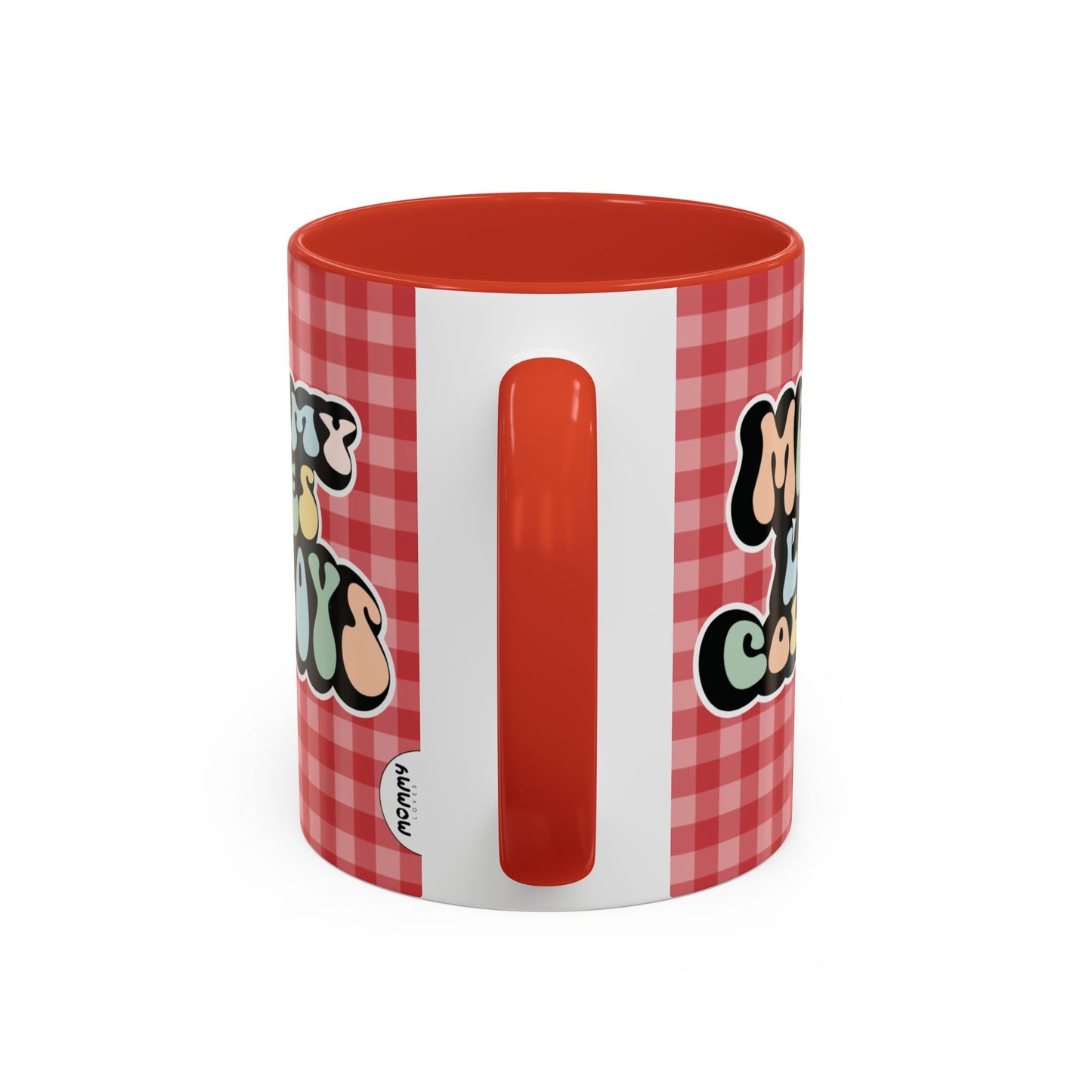 Perfect gift for mom. A decorative, 11oz ceramic mug. It’s wrapped in a red-white checkered background. In a happy and colorful 70s retro-style font it says Mommy Loves Cowboys, on both sides.