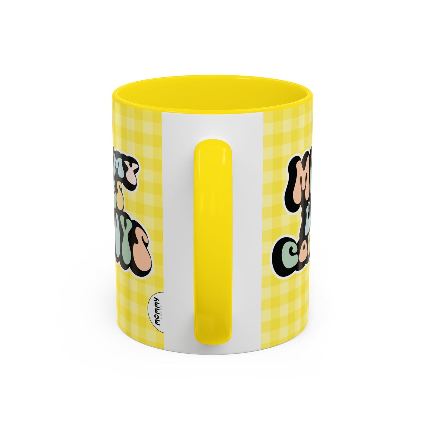 Perfect gift for mom. A decorative, 11oz ceramic mug. It’s wrapped in a yellow-white checkered background. In a happy and colorful 70s retro-style font it says Mommy Loves Cowboys, on both sides.