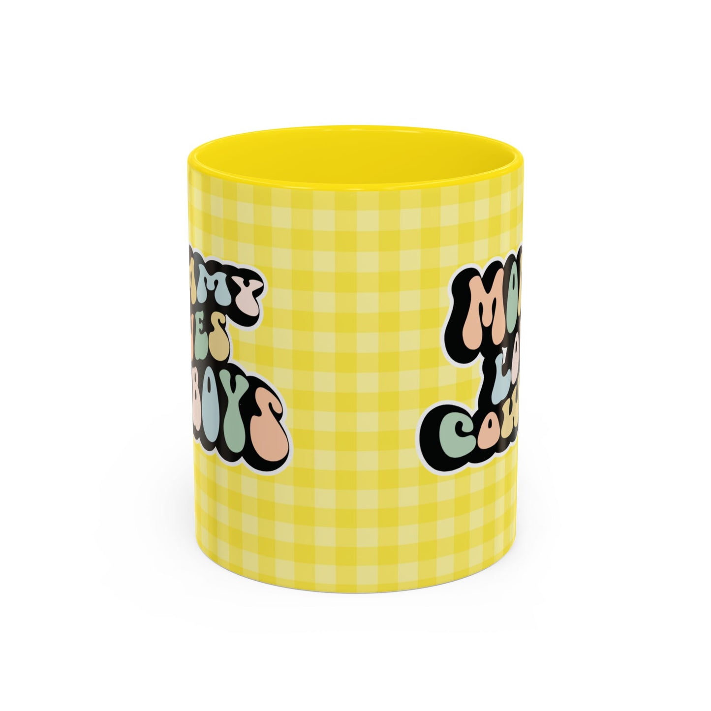 Perfect gift for mom. A decorative, 11oz ceramic mug. It’s wrapped in a yellow-white checkered background. In a happy and colorful 70s retro-style font it says Mommy Loves Cowboys, on both sides.