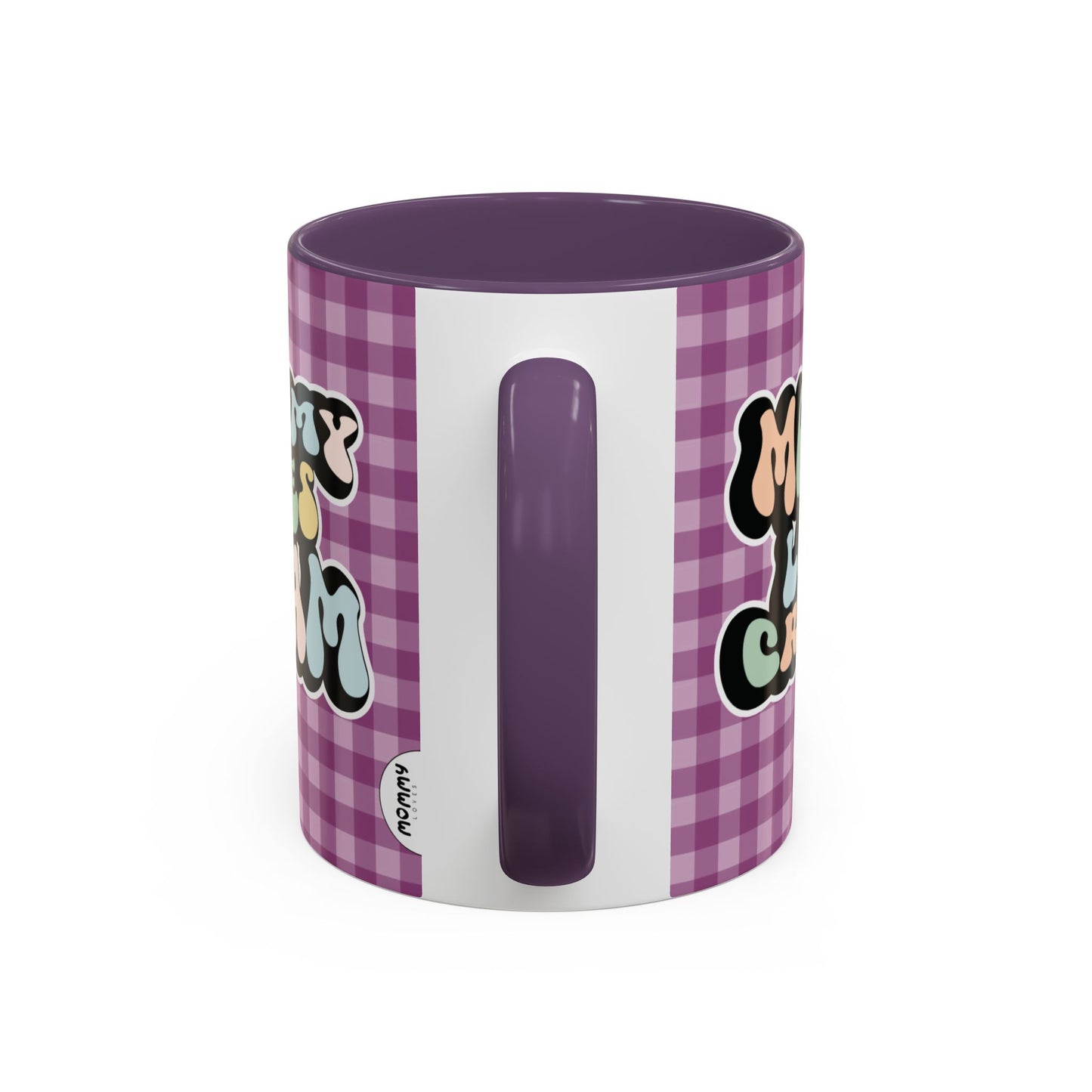 Perfect gift for mom. A decorative, 11oz ceramic mug. It’s wrapped in a purple-white checkered background. In a happy and colorful 70s retro-style font it says Mommy Loves Cream, on both sides.