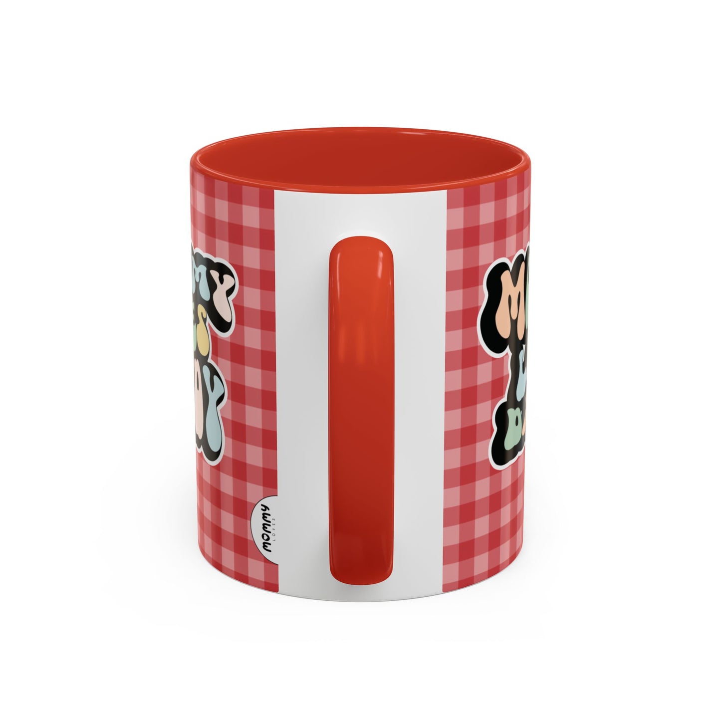 Perfect gift for mom. A decorative, 11oz ceramic mug. It’s wrapped in a red-white checkered background. In a happy and colorful 70s retro-style font it says Mommy Loves Daddy, on both sides.