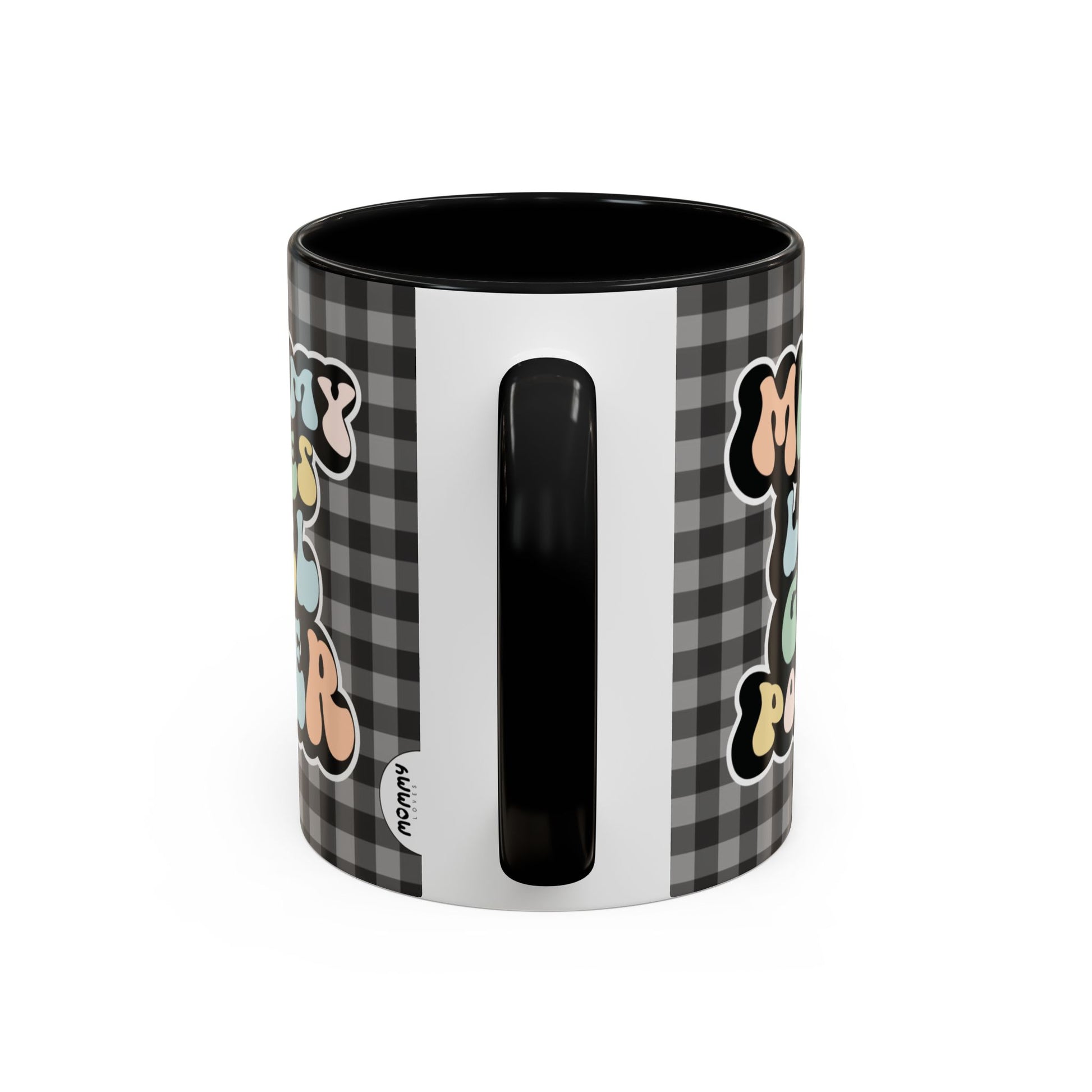 Perfect gift for mom. A decorative, 11oz ceramic mug. It’s wrapped in a black-white checkered background. In a happy and colorful 70s retro-style font it says Mommy Loves Girl Power, on both sides.