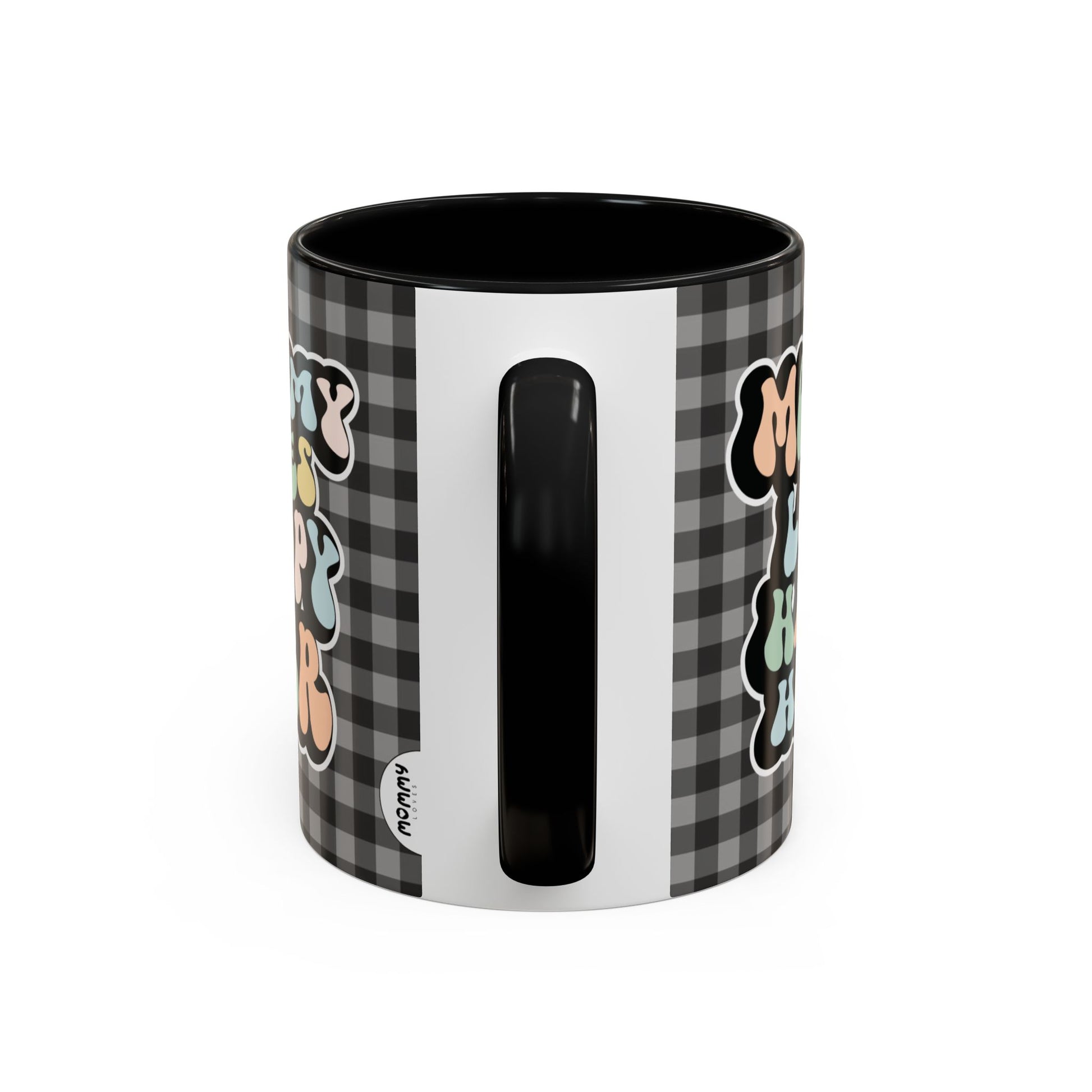 Perfect gift for mom. A decorative, 11oz ceramic mug. It’s wrapped in a black-white checkered background. In a happy and colorful 70s retro-style font it says Mommy Loves Happy Hour, on both sides.