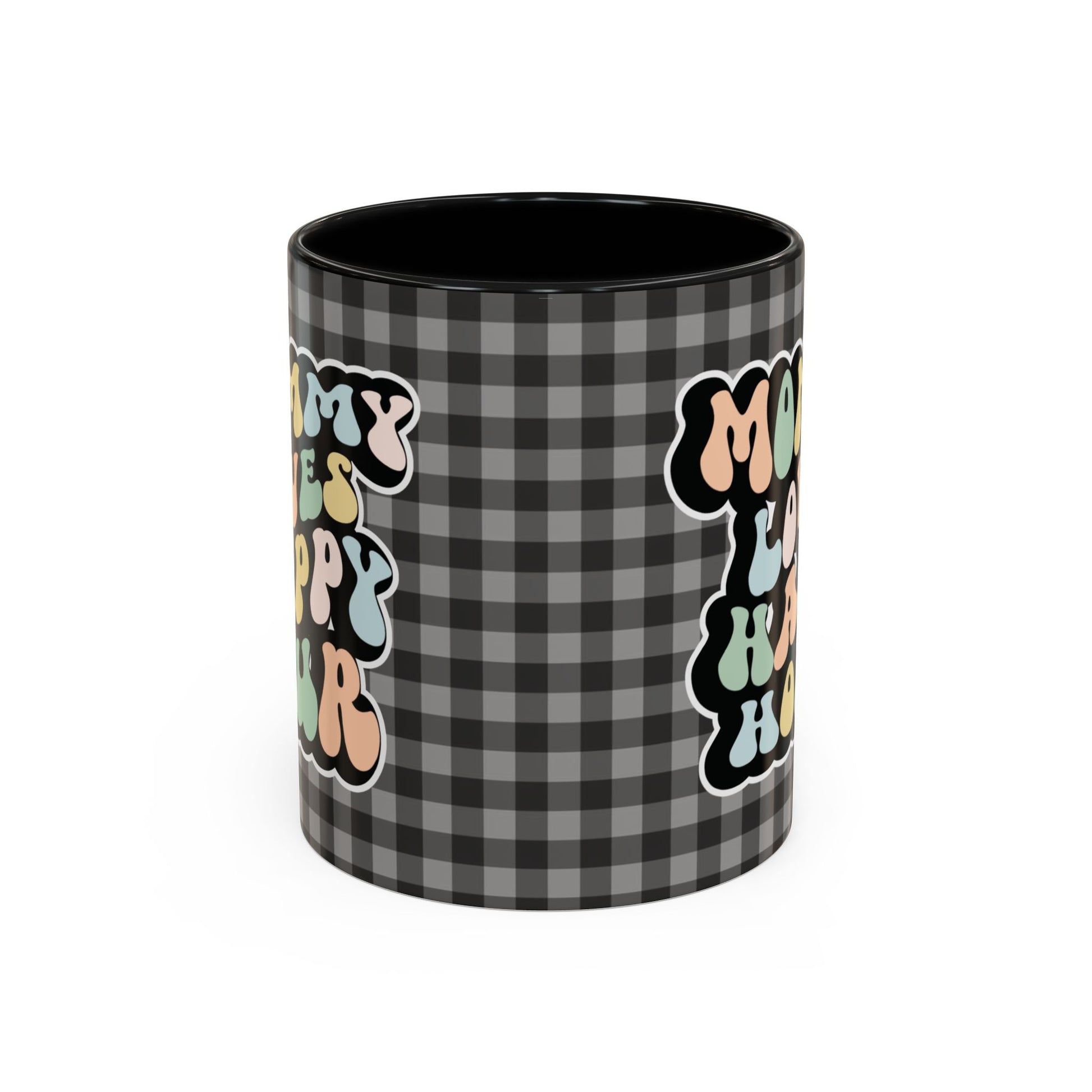 Perfect gift for mom. A decorative, 11oz ceramic mug. It’s wrapped in a black-white checkered background. In a happy and colorful 70s retro-style font it says Mommy Loves Happy Hour, on both sides.
