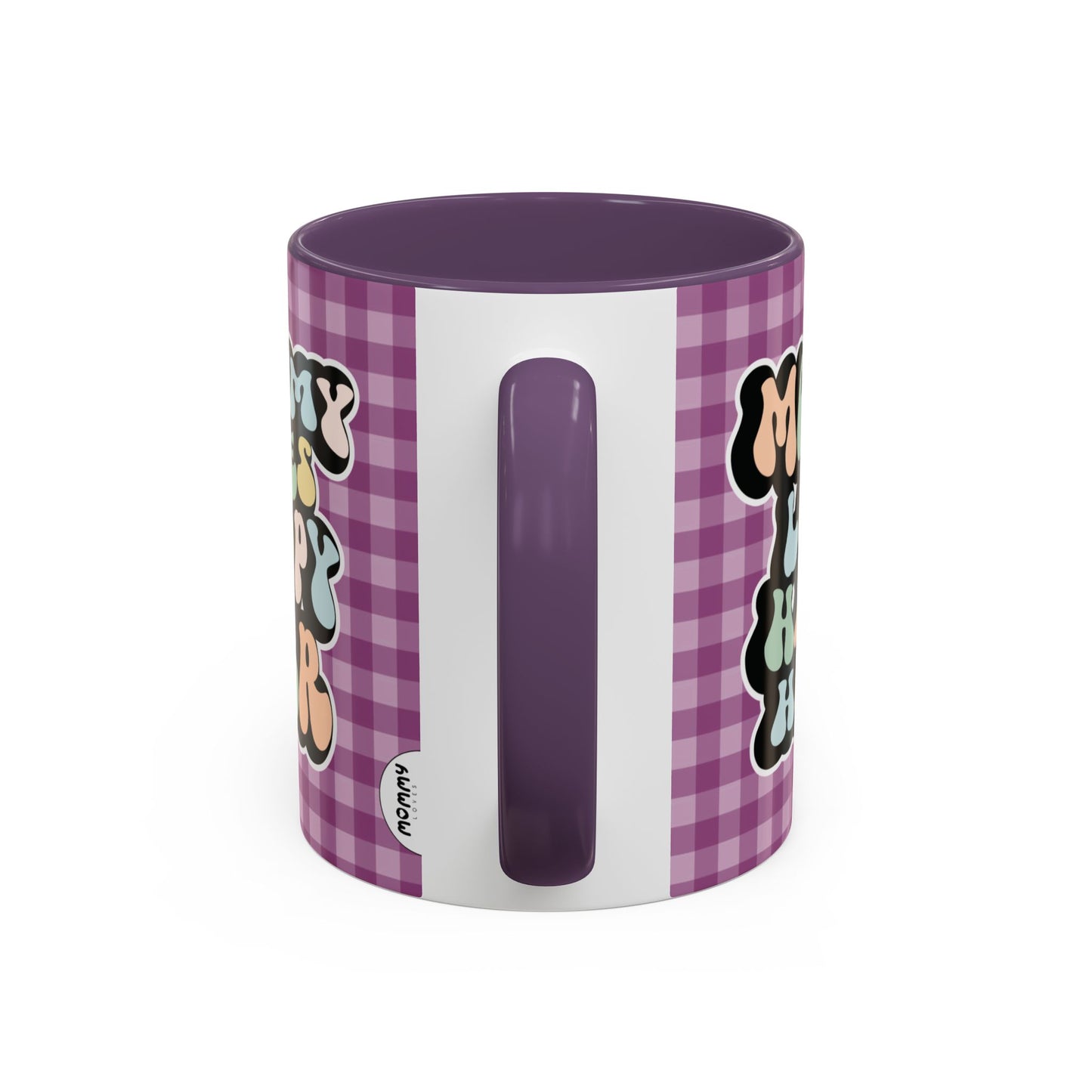 Perfect gift for mom. A decorative, 11oz ceramic mug. It’s wrapped in a purple-white checkered background. In a happy and colorful 70s retro-style font it says Mommy Loves Happy Hour, on both sides.
