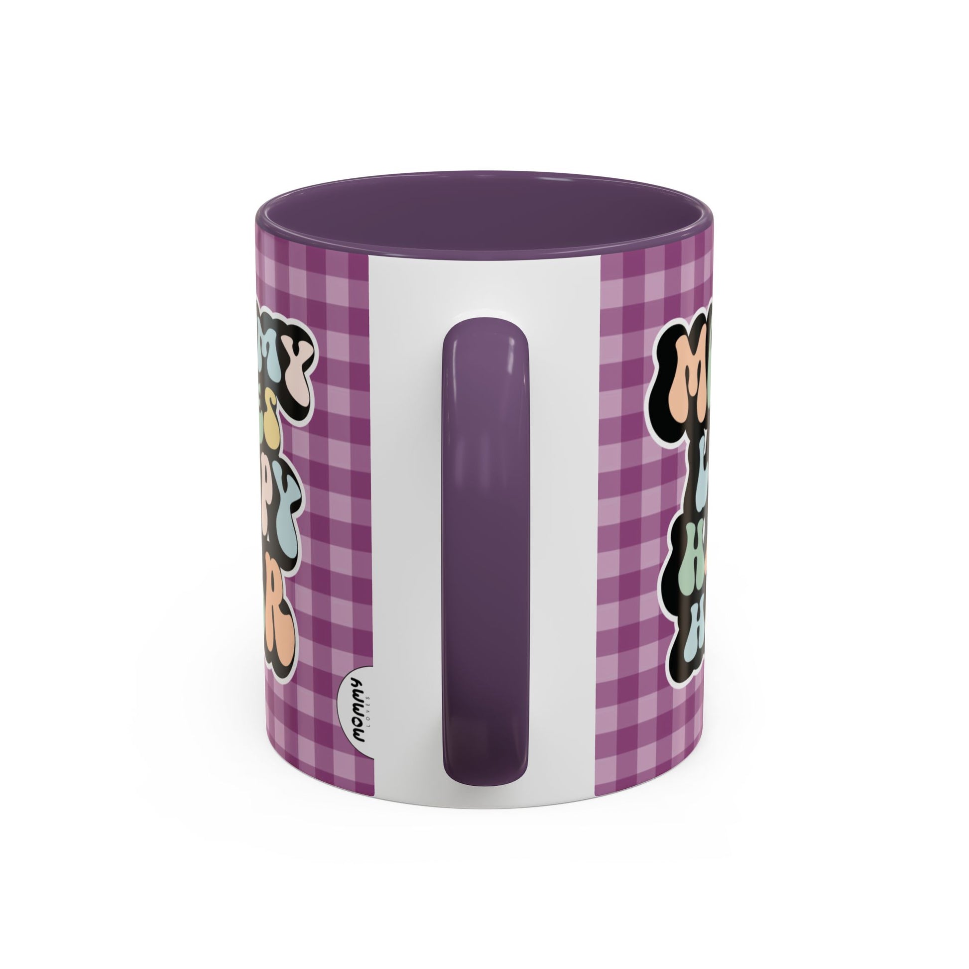 Perfect gift for mom. A decorative, 11oz ceramic mug. It’s wrapped in a purple-white checkered background. In a happy and colorful 70s retro-style font it says Mommy Loves Happy Hour, on both sides.
