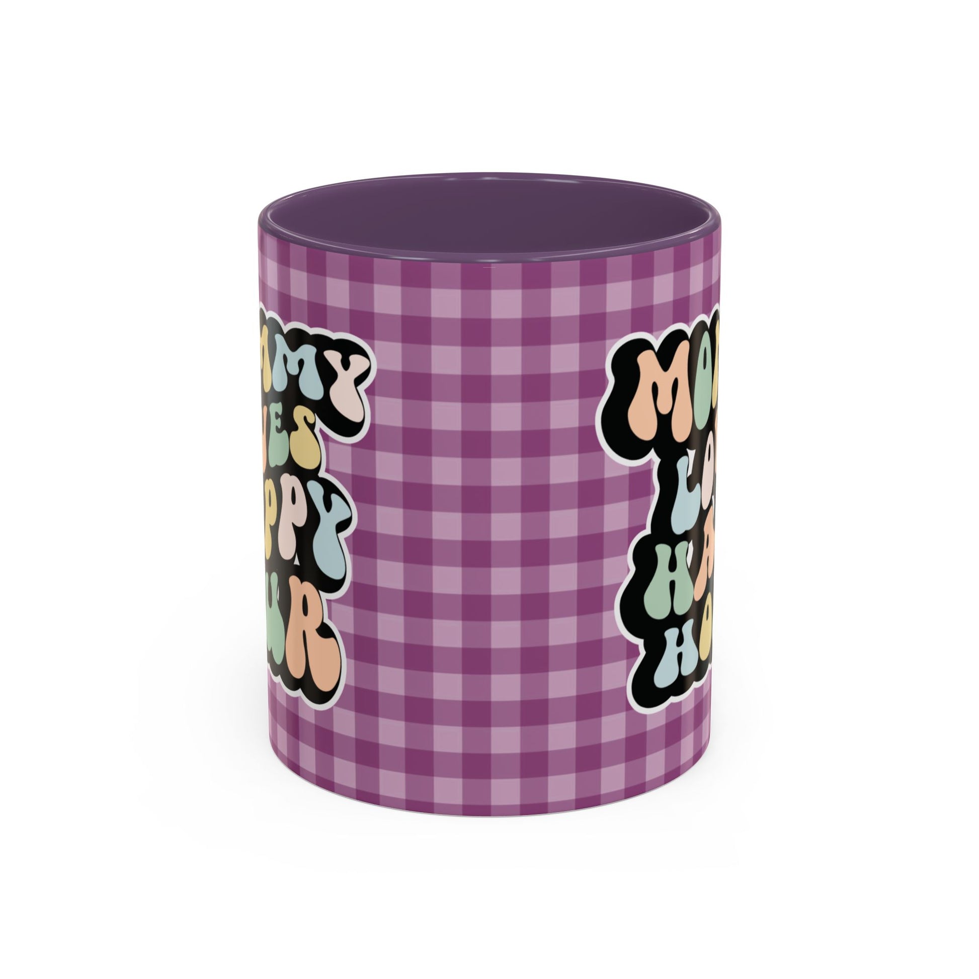 Perfect gift for mom. A decorative, 11oz ceramic mug. It’s wrapped in a purple-white checkered background. In a happy and colorful 70s retro-style font it says Mommy Loves Happy Hour, on both sides.