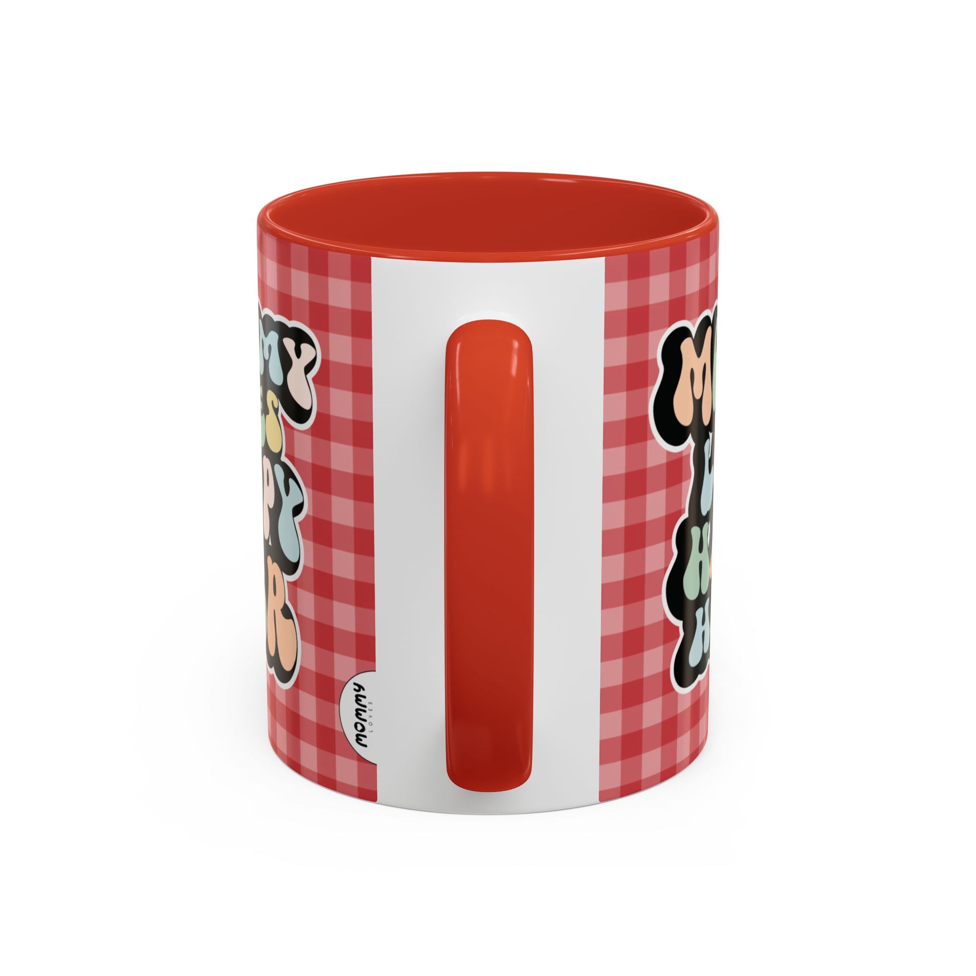 Perfect gift for mom. A decorative, 11oz ceramic mug. It’s wrapped in a red-white checkered background. In a happy and colorful 70s retro-style font it says Mommy Loves Happy Hour, on both sides.