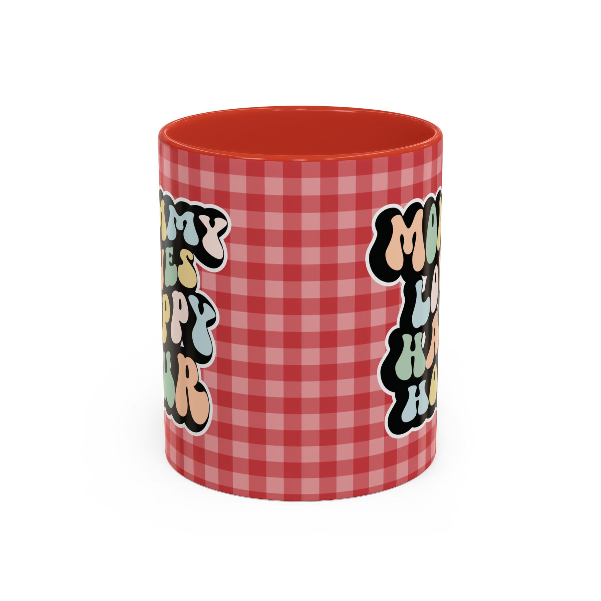 Perfect gift for mom. A decorative, 11oz ceramic mug. It’s wrapped in a red-white checkered background. In a happy and colorful 70s retro-style font it says Mommy Loves Happy Hour, on both sides.