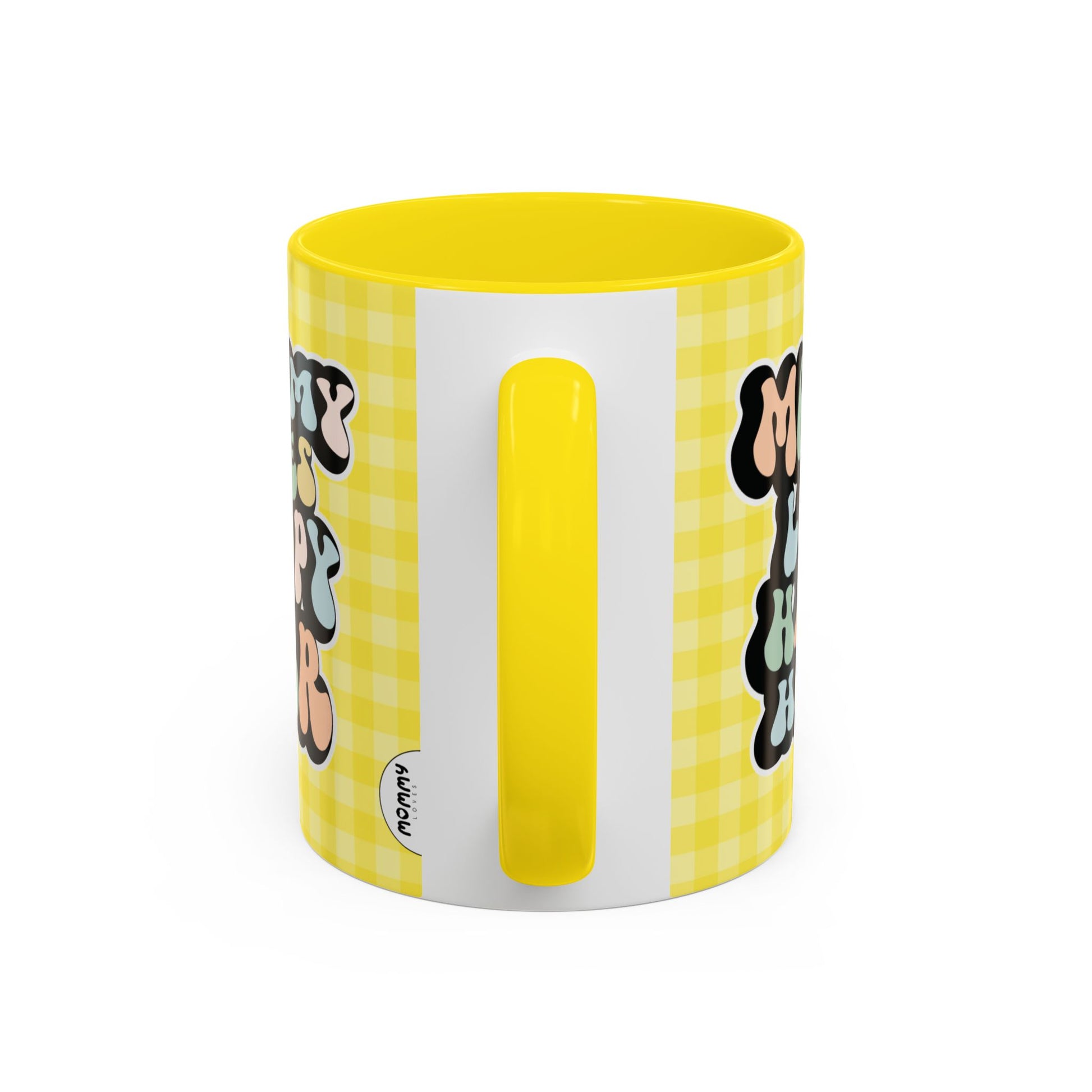 Perfect gift for mom. A decorative, 11oz ceramic mug. It’s wrapped in a yellow-white checkered background. In a happy and colorful 70s retro-style font it says Mommy Loves Happy Hour, on both sides.