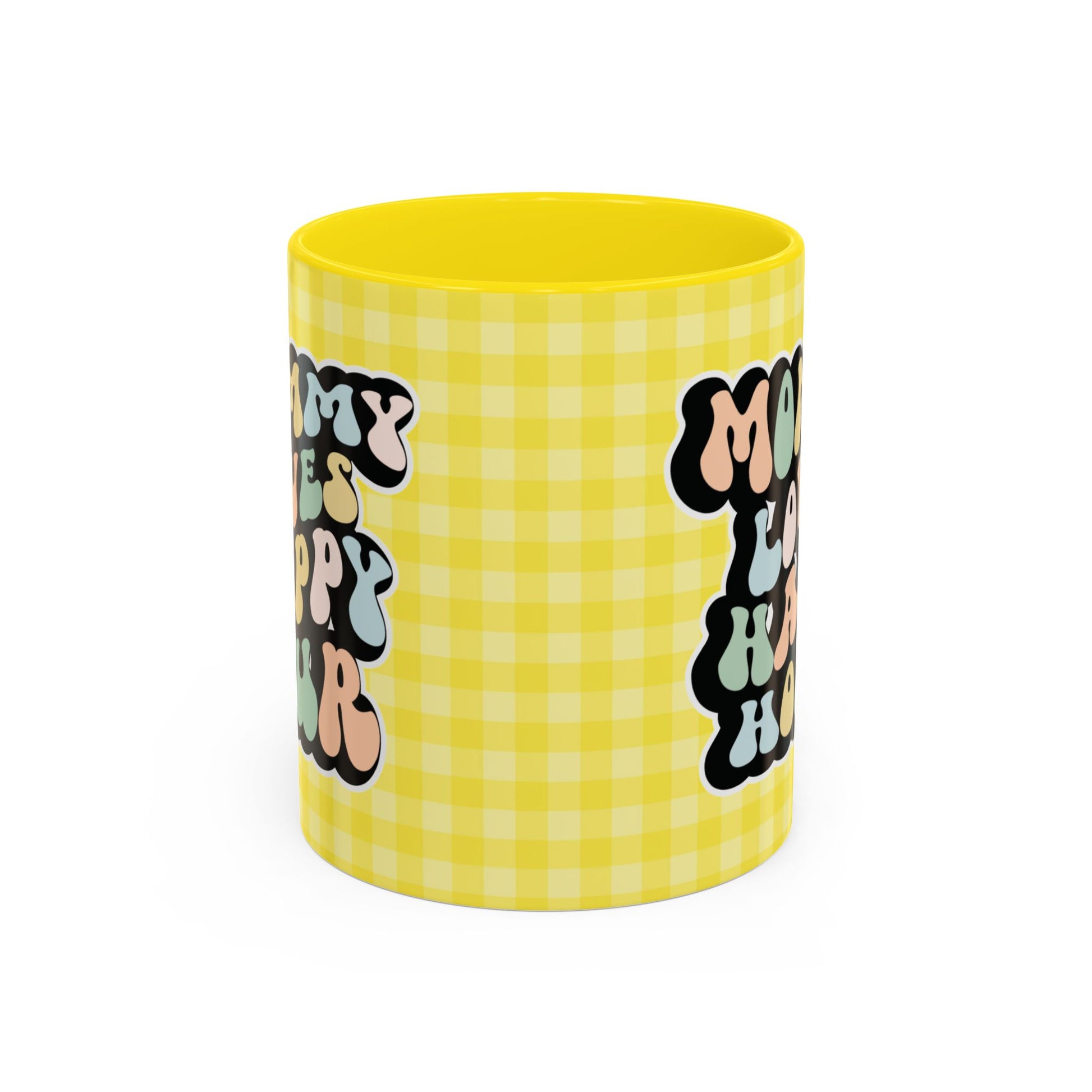 Perfect gift for mom. A decorative, 11oz ceramic mug. It’s wrapped in a yellow-white checkered background. In a happy and colorful 70s retro-style font it says Mommy Loves Happy Hour, on both sides.