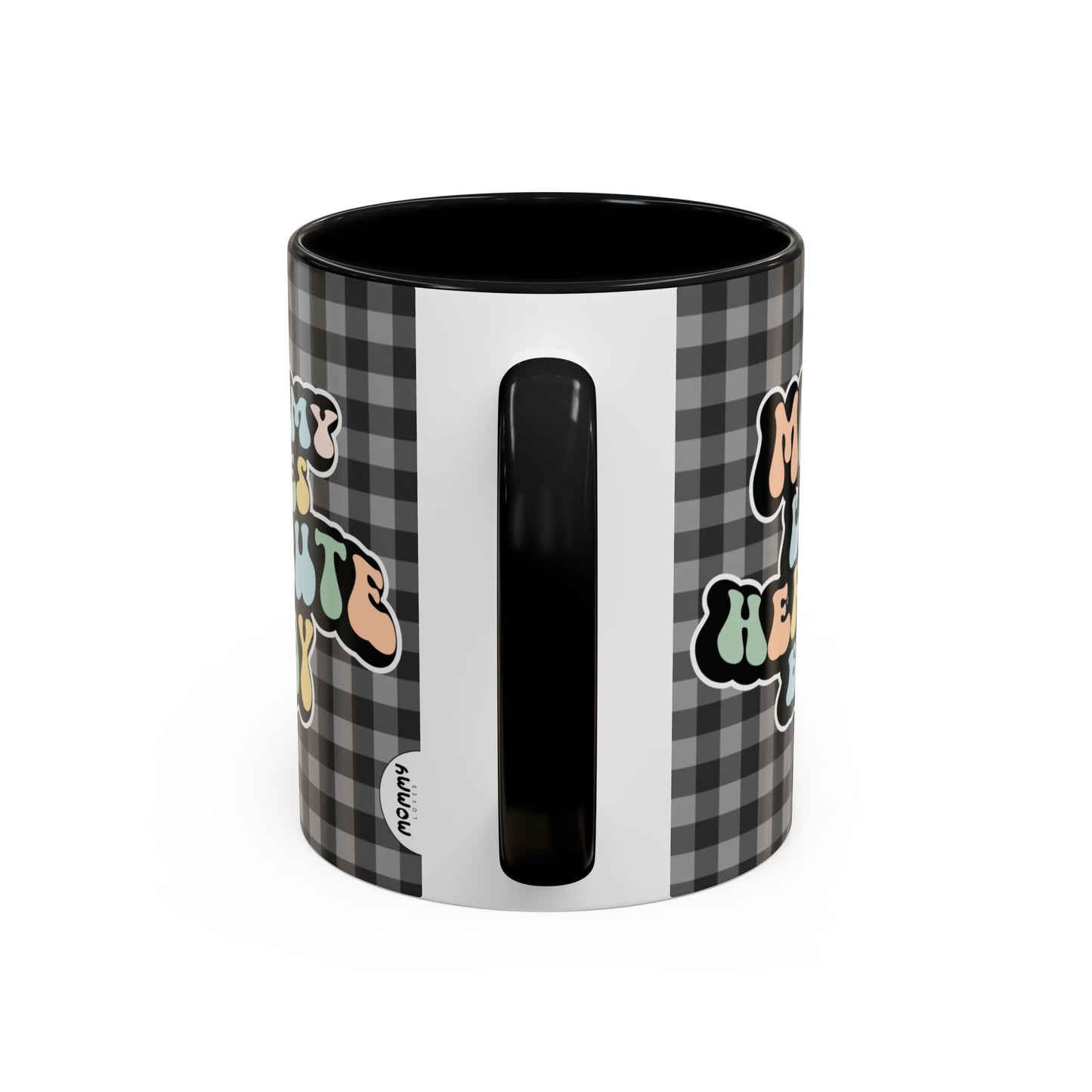 Perfect gift for mom. A decorative, 11oz ceramic mug. It’s wrapped in a black-white checkered background. In a happy and colorful 70s retro-style font it says Mommy Loves Her Cute Baby, on both sides.