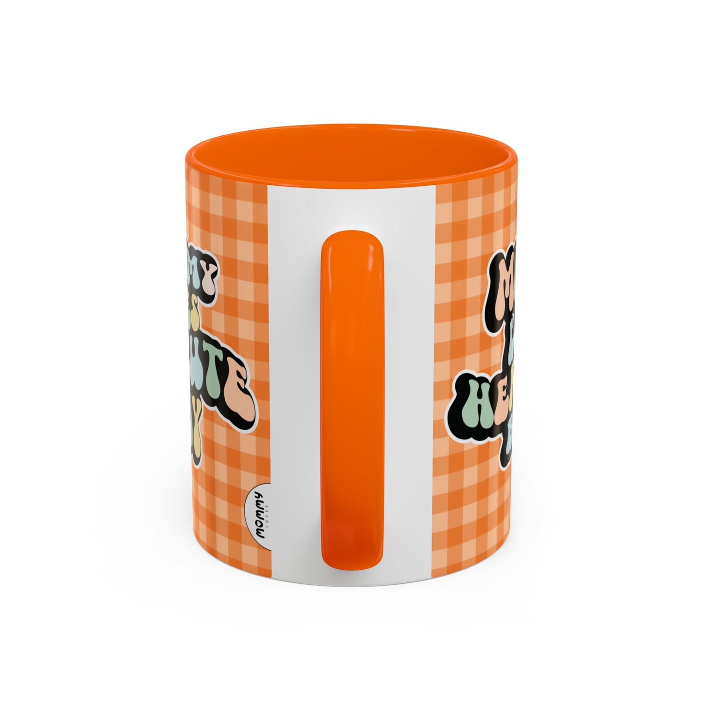 Perfect gift for mom. A decorative, 11oz ceramic mug. It’s wrapped in a orange-white checkered background. In a happy and colorful 70s retro-style font it says Mommy Loves Her Cute Baby, on both sides.