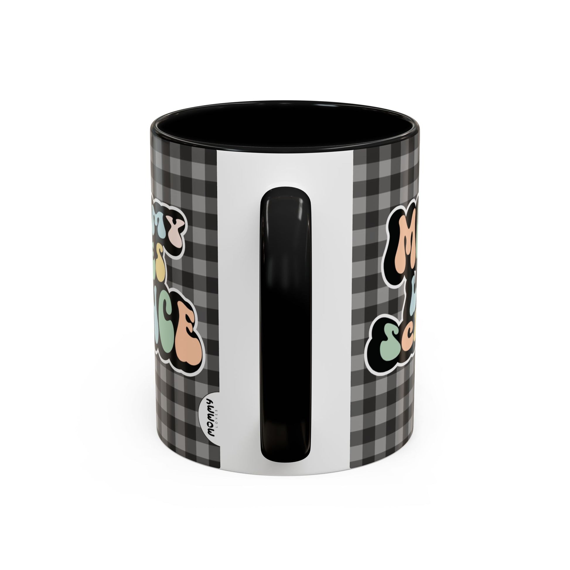 Perfect gift for mom. A decorative, 11oz ceramic mug. It’s wrapped in a black-white checkered background. In a happy and colorful 70s retro-style font it says Mommy Loves Science, on both sides.