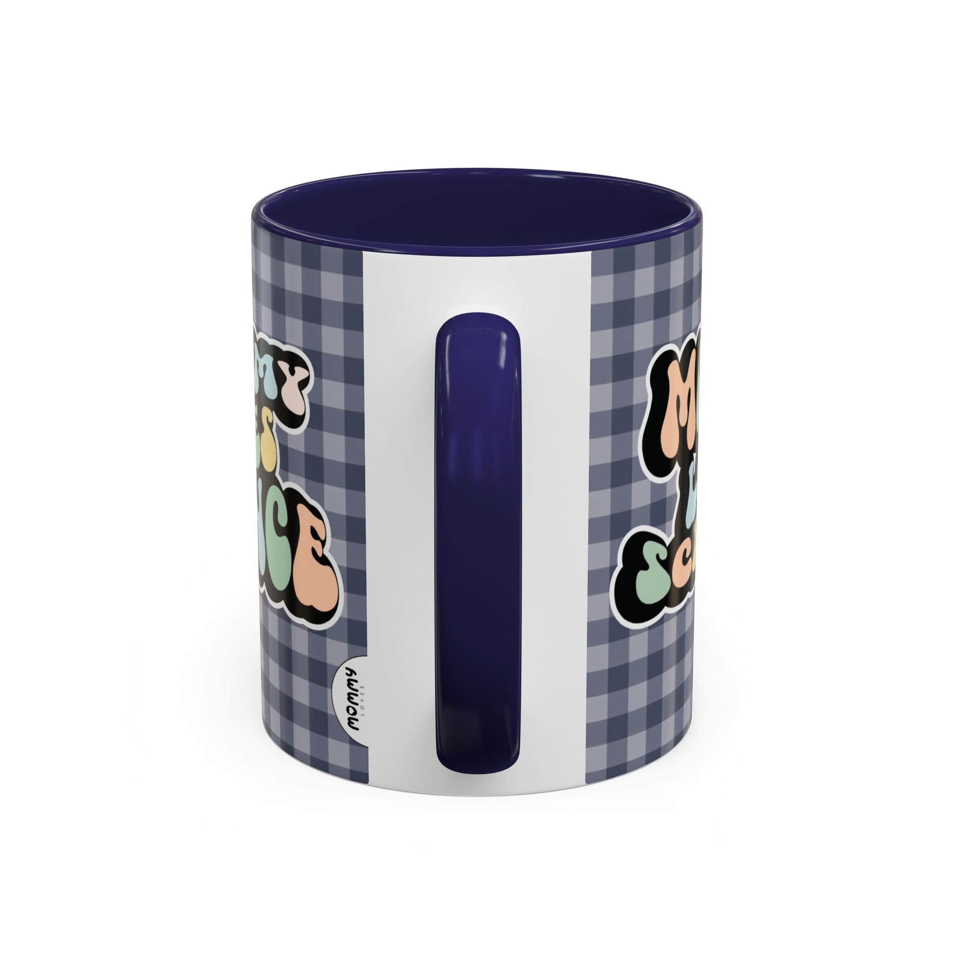Perfect gift for mom. A decorative, 11oz ceramic mug. It’s wrapped in a navy blue-white checkered background. In a happy and colorful 70s retro-style font it says Mommy Loves Science, on both sides.