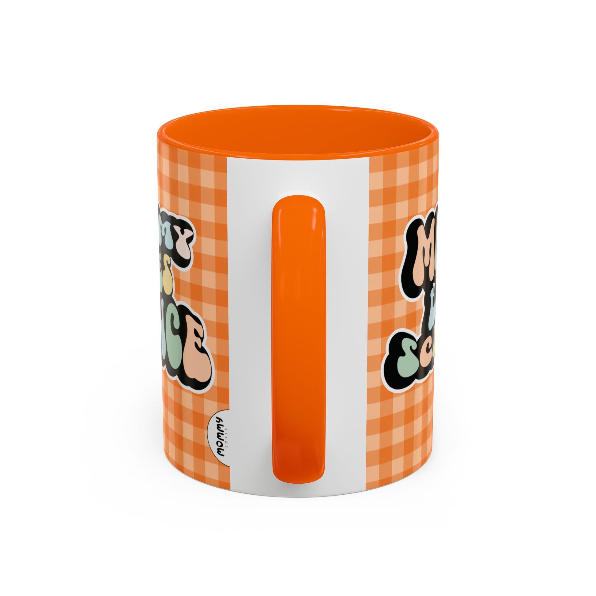 Perfect gift for mom. A decorative, 11oz ceramic mug. It’s wrapped in a orange-white checkered background. In a happy and colorful 70s retro-style font it says Mommy Loves Science, on both sides.