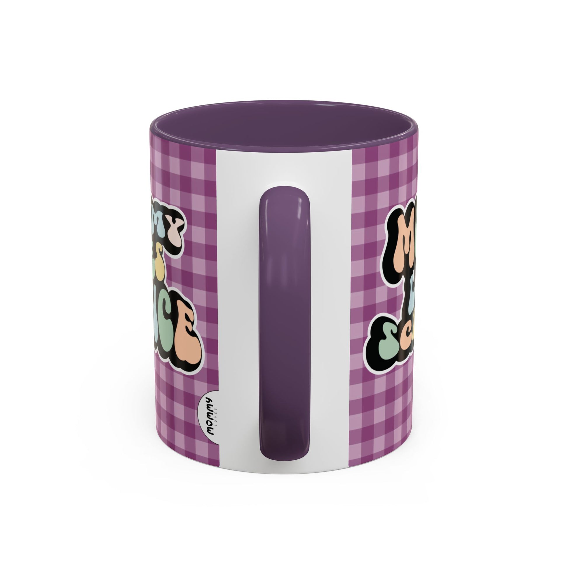 Perfect gift for mom. A decorative, 11oz ceramic mug. It’s wrapped in a purple-white checkered background. In a happy and colorful 70s retro-style font it says Mommy Loves Science, on both sides.