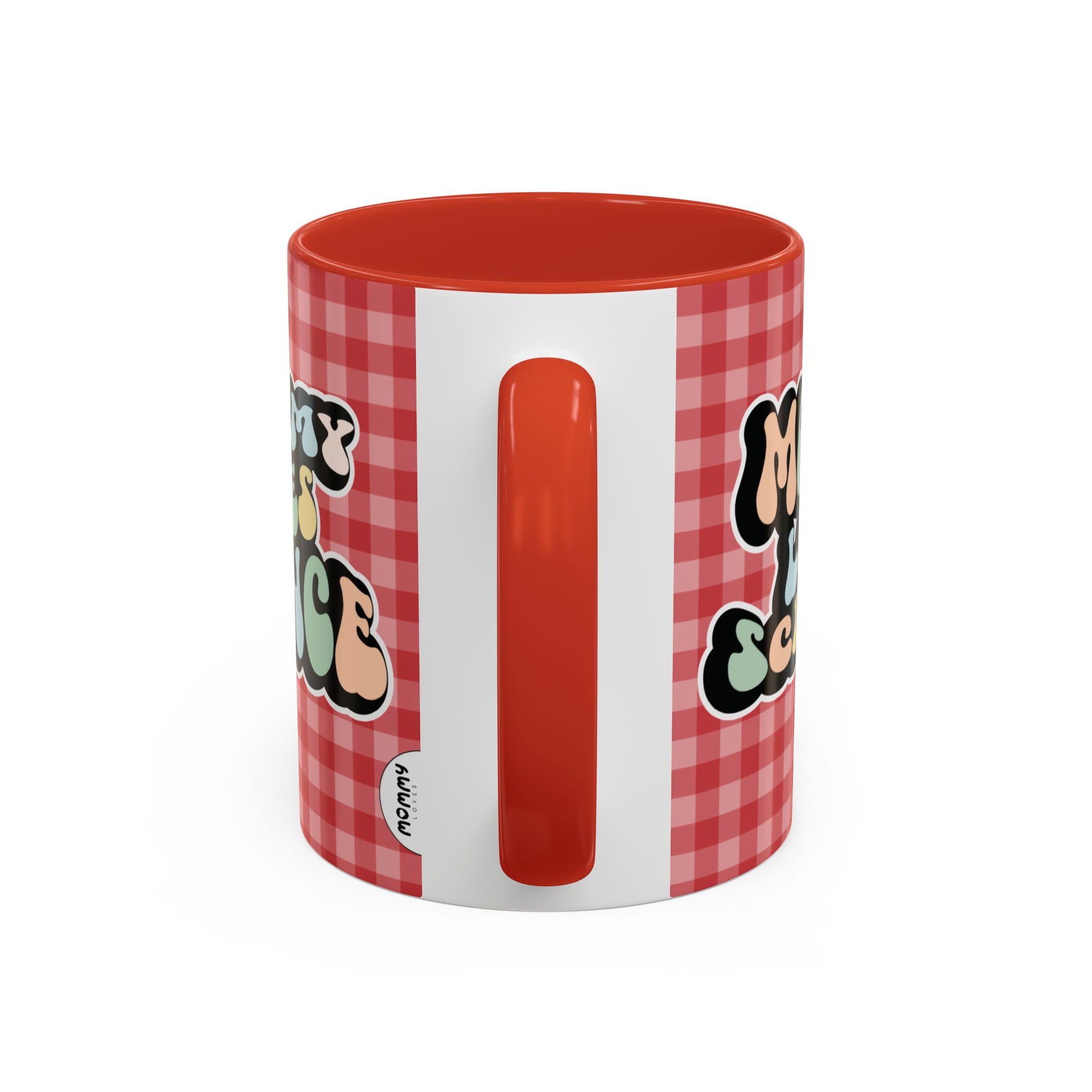 Perfect gift for mom. A decorative, 11oz ceramic mug. It’s wrapped in a red-white checkered background. In a happy and colorful 70s retro-style font it says Mommy Loves Science, on both sides.