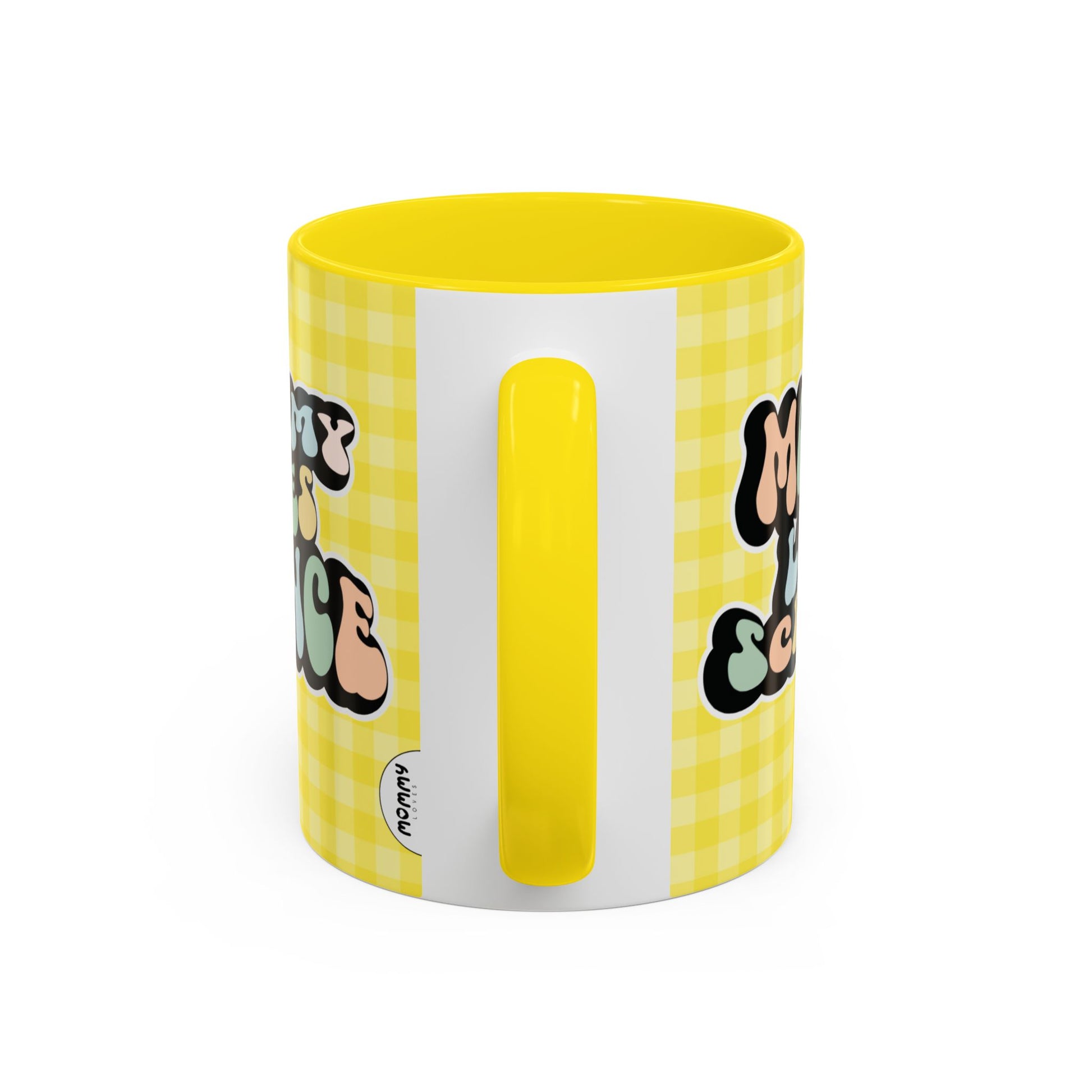 Perfect gift for mom. A decorative, 11oz ceramic mug. It’s wrapped in a yellow-white checkered background. In a happy and colorful 70s retro-style font it says Mommy Loves Science, on both sides.